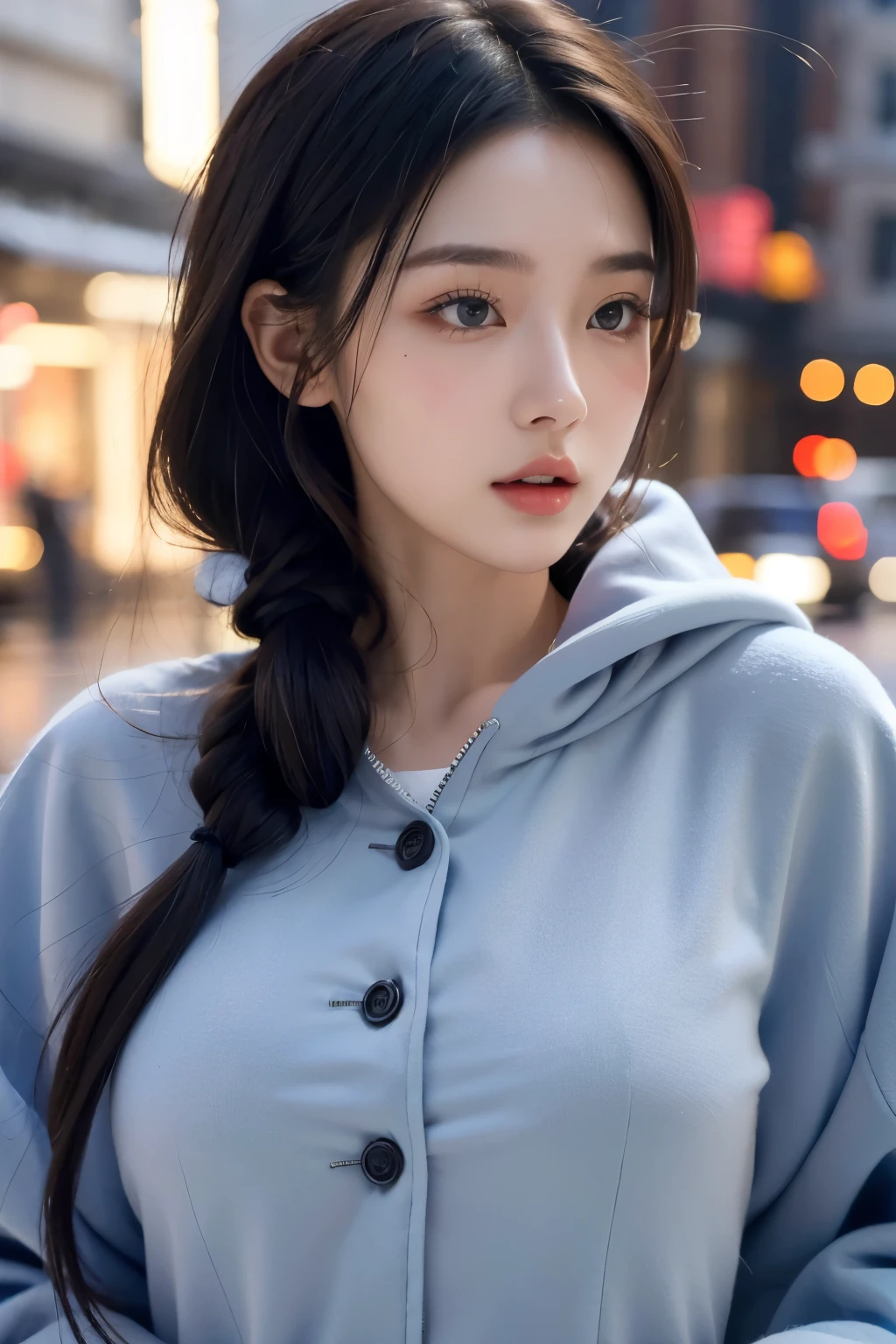 individual,young girl,23 years old, fine hair, Detailed faces, full的身材,Long hair tied up,full, Short hair details,blue winter coat, model,snack, Sexy breasts
