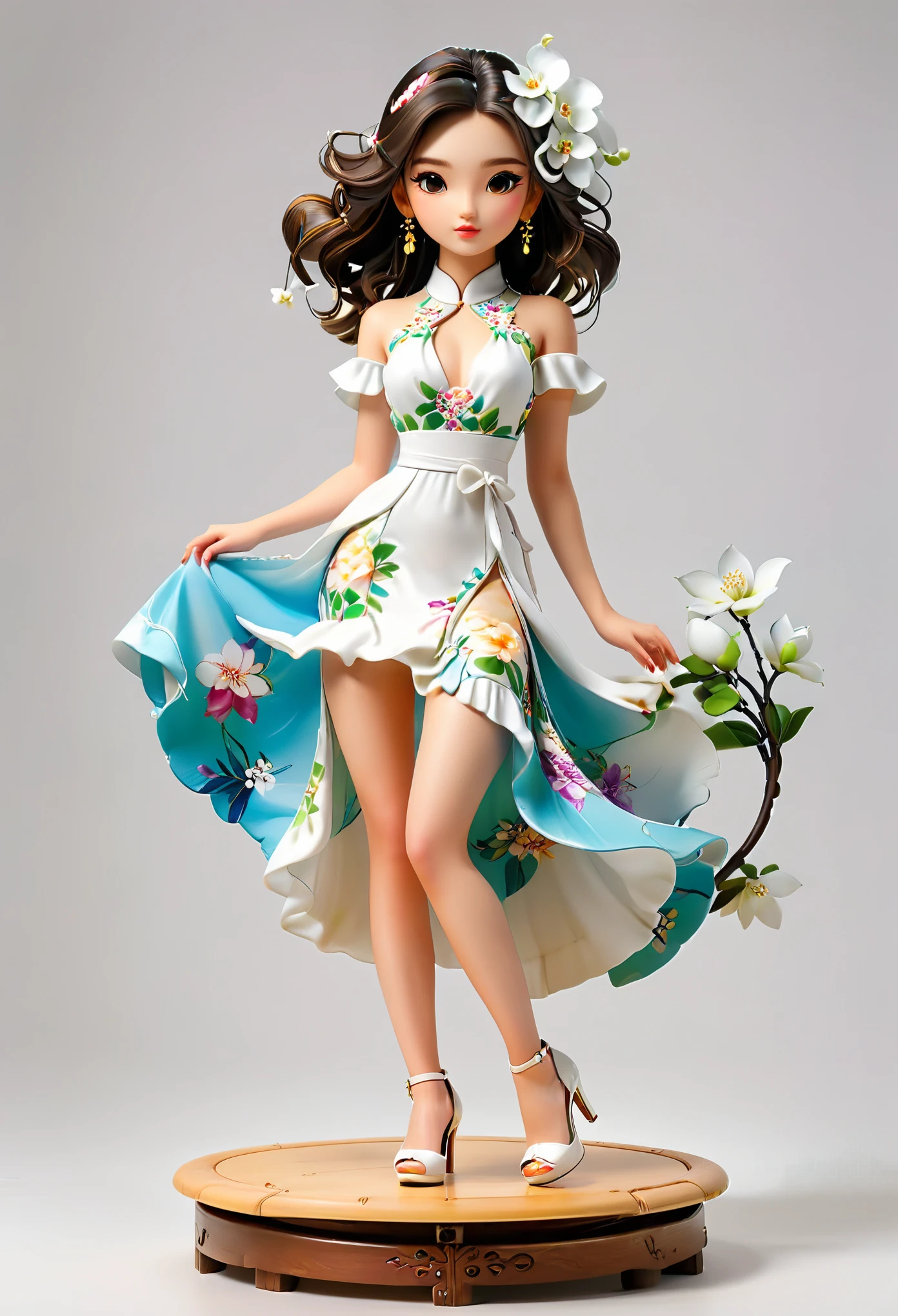 (Blind Box Spielzeug Stil:1.2),full body, solo,white background,(1 Beautiful girl Models ,Stand on a round wooden base，white Jasmine dress, high heels),(Oriental elements, Chinese color,Very colorful),3D