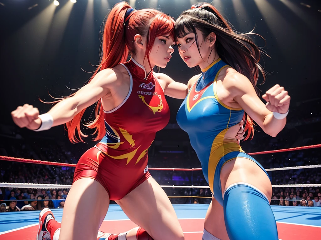 (best quality,4k,highres,masterpiece:1.2),ultra-detailed,(realistic:1.37) A pair of cute, athletic, exotically dressed with bright colors, Japanese women, wrestle each other in a stadium wrestling ring,under the dazzling lights. The women have intricate face paint and wear vibrant costumes that showcase their individuality. They have (long, flowing hair), and their eyes are (expressive and captivating:1.1). The ring is surrounded by cheering spectators who are on the edge of their seats, adding to the atmosphere of excitement. The stadium is filled with top-notch studio lighting that highlights every muscle and movement of the wrestlers. The scene is depicted in a (striking, vibrant:1.1) art style, with intense colors that enhance the energy and fierceness of the wrestling match. The lighting casts dramatic shadows and emphasizes the power and determination of the wrestlers. The women exhibit exceptional strength and agility as they engage in various (graceful balletic movements) and (powerful throws). The intensity of their match is enhanced by the use of (slow motion techniques). The entire scene exudes a sense of (jaw-dropping athleticism and elegance) as the women showcase their skill and passion for the sport.