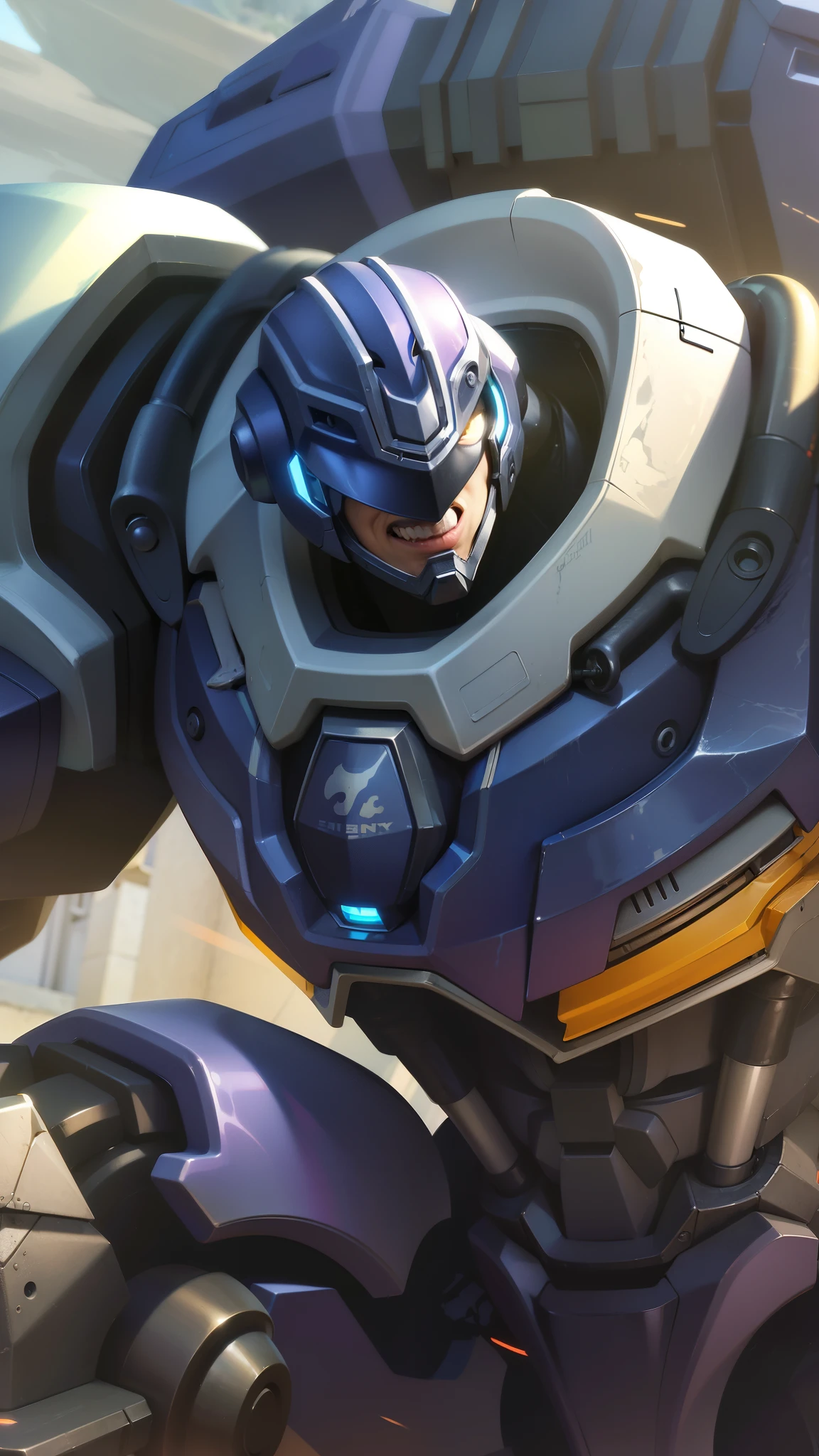 masculine male, masterpiece, best quality, (semirealism:1.9), beautiful lighting, (extremely detailed CG unity 4k fhd wallpaper), High Detail, Sharp focus, dramatic outdoors, a close up of a robot with a helmet on and a sword, smile.