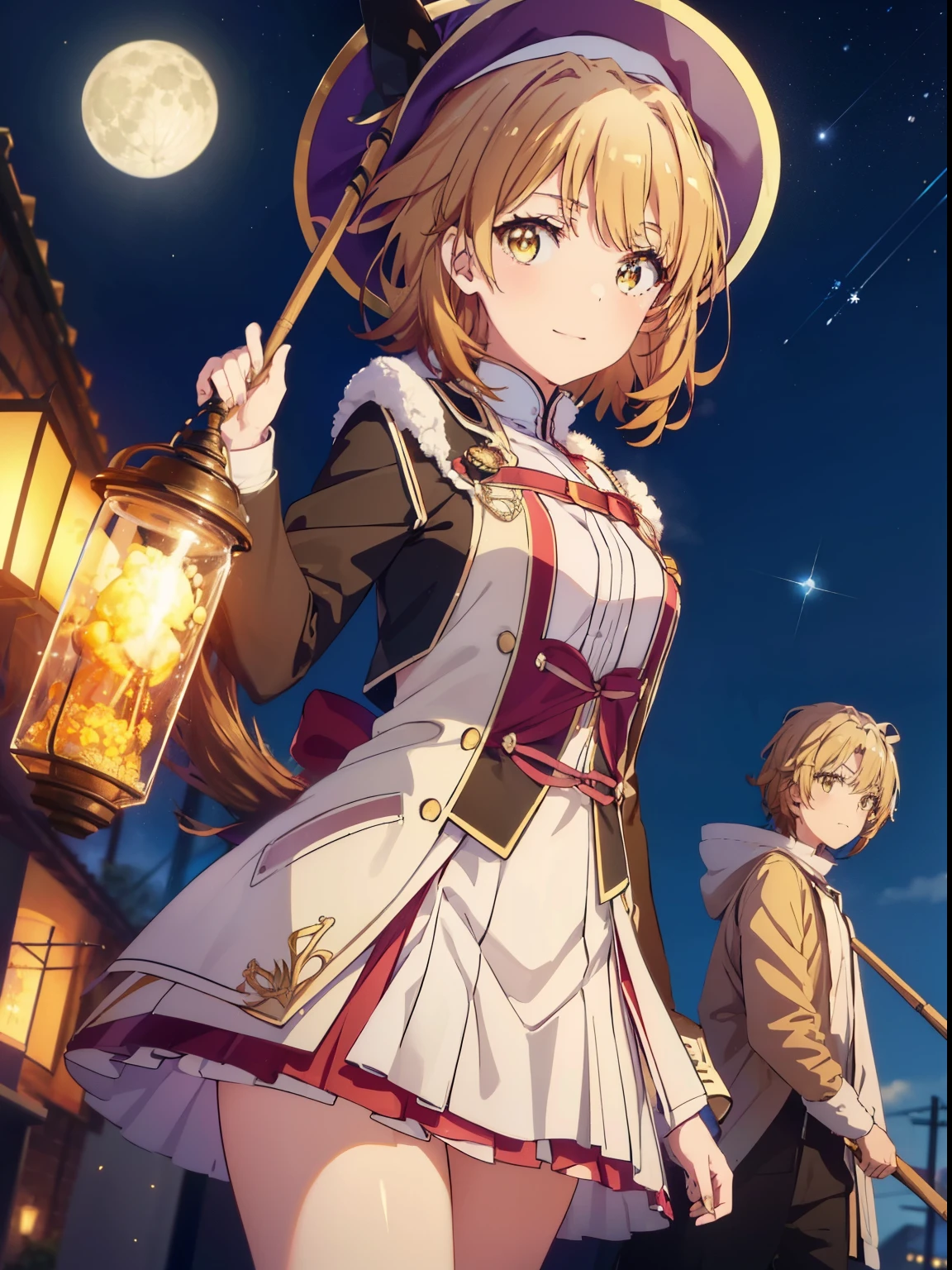 irohaisshiki, iroha isshiki, short hair, brown hair, (brown eyes:1.5), smile,(colorful glowing lantern),((A night sky filled with colorful cute creatures flying around)),((big full moon)),((Sparkling and colorful stars)),fluffy hair,,slightly red tide,((brown eyes)),((Idol style costume with soft volume)),((gorgeous wizard hat)),((witch)),(magic wand with a jewel on the tip),smile,Kamimei,((側面shape)),((Fly through the sky on a magic broom)),
break indoors, classroom,
break looking at viewer,
break (masterpiece:1.2), highest quality, High resolution, unity 8k wallpaper, (shape:0.8), (fine and beautiful eyes:1.6), highly detailed face, perfect lighting, Very detailed CG, (perfect hands, perfect anatomy),