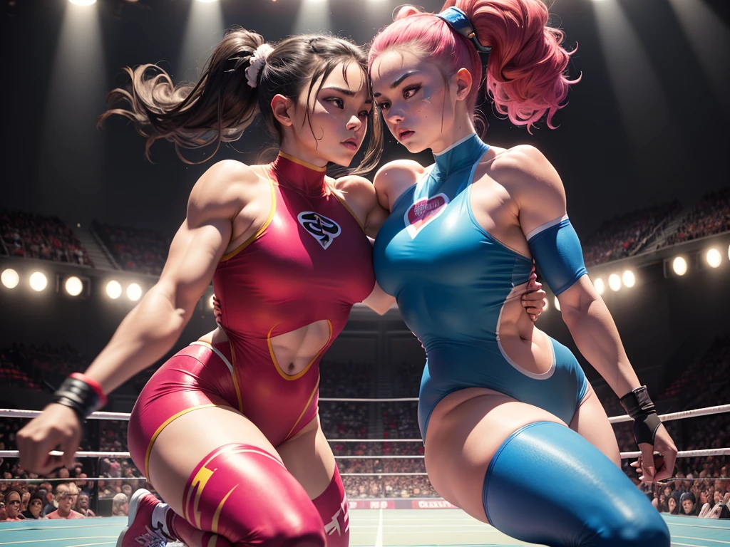 (best quality,4k,highres,masterpiece:1.2),ultra-detailed,(realistic:1.37) A pair of cute, athletic, exotically dressed with bright colors, Japanese women, wrestle each other in a stadium wrestling ring,under the dazzling lights. The women have intricate face paint and wear vibrant costumes that showcase their individuality. They have (long, flowing hair), and their eyes are (expressive and captivating:1.1). The ring is surrounded by cheering spectators who are on the edge of their seats, adding to the atmosphere of excitement. The stadium is filled with top-notch studio lighting that highlights every muscle and movement of the wrestlers. The scene is depicted in a (striking, vibrant:1.1) art style, with intense colors that enhance the energy and fierceness of the wrestling match. The lighting casts dramatic shadows and emphasizes the power and determination of the wrestlers. The women exhibit exceptional strength and agility as they engage in various (graceful balletic movements) and (powerful throws). The intensity of their match is enhanced by the use of (slow motion techniques). The entire scene exudes a sense of (jaw-dropping athleticism and elegance) as the women showcase their skill and passion for the sport.