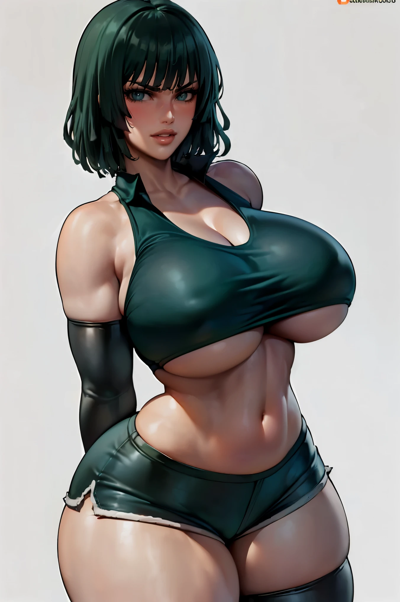 (detailed, sharp focus, masterpiece, HD, anatomically correct, best quality:1.2), shexyo, detailed face, detailed eyes, 4K, absurdres, (white background:1.3), (fubuki, green hair, green eyes, short hair:1.3), (1girl, solo, standing, portrait, hands behind back:1.3), (thick, voluptuous, chubby, milf, thick thighs, fat thighs, wide hips, large breasts:1.4), sexy, hot, (thick lips, big lips, bimbolips, blush, parted lips, sexy smile, shy:1.5), (tank top, crop top, underboob, shorts, thighhighs, sleeveless, midriff, elbow gloves, cleavage:1.6)