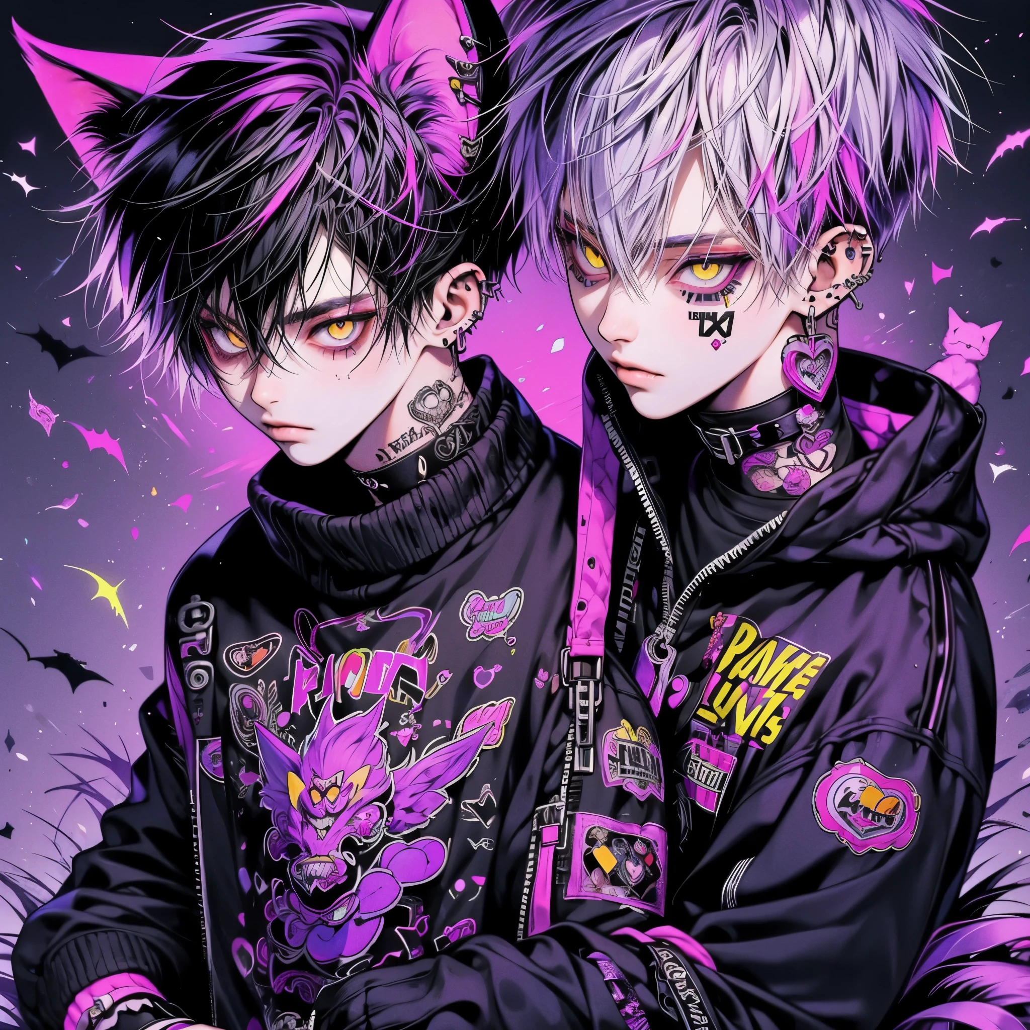Punk rock emo man, Neko, wolf boy, neon purple hair, tattoo sleeves and piercings, yellow eyes, slender, skinny, short, Harajuku-inspired punk clothes, no twins, one person