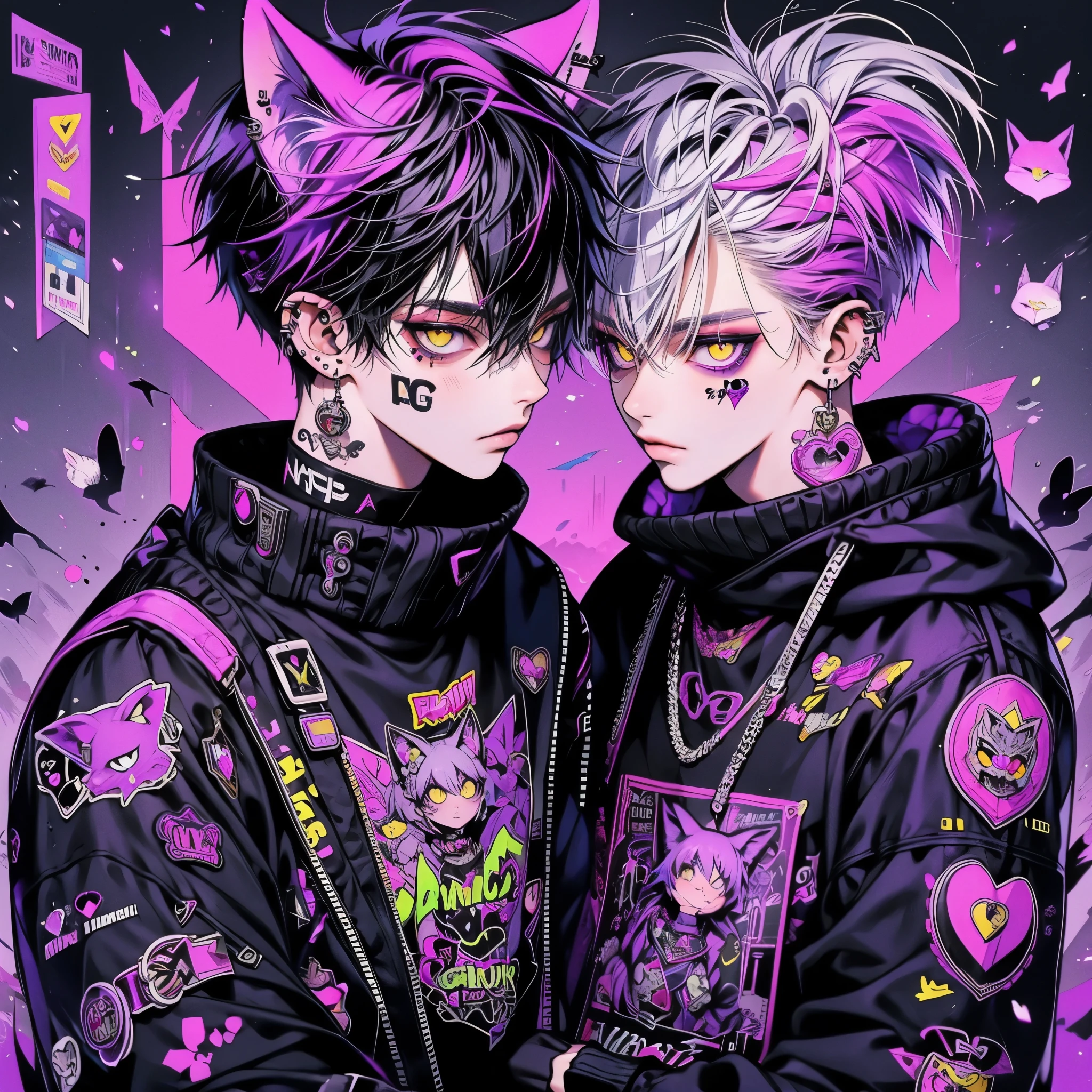 Punk rock emo man, Neko, wolf boy, neon purple hair, tattoo sleeves and piercings, yellow eyes, slender, skinny, short,  Harajuku-inspired punk clothes, no twins, one person