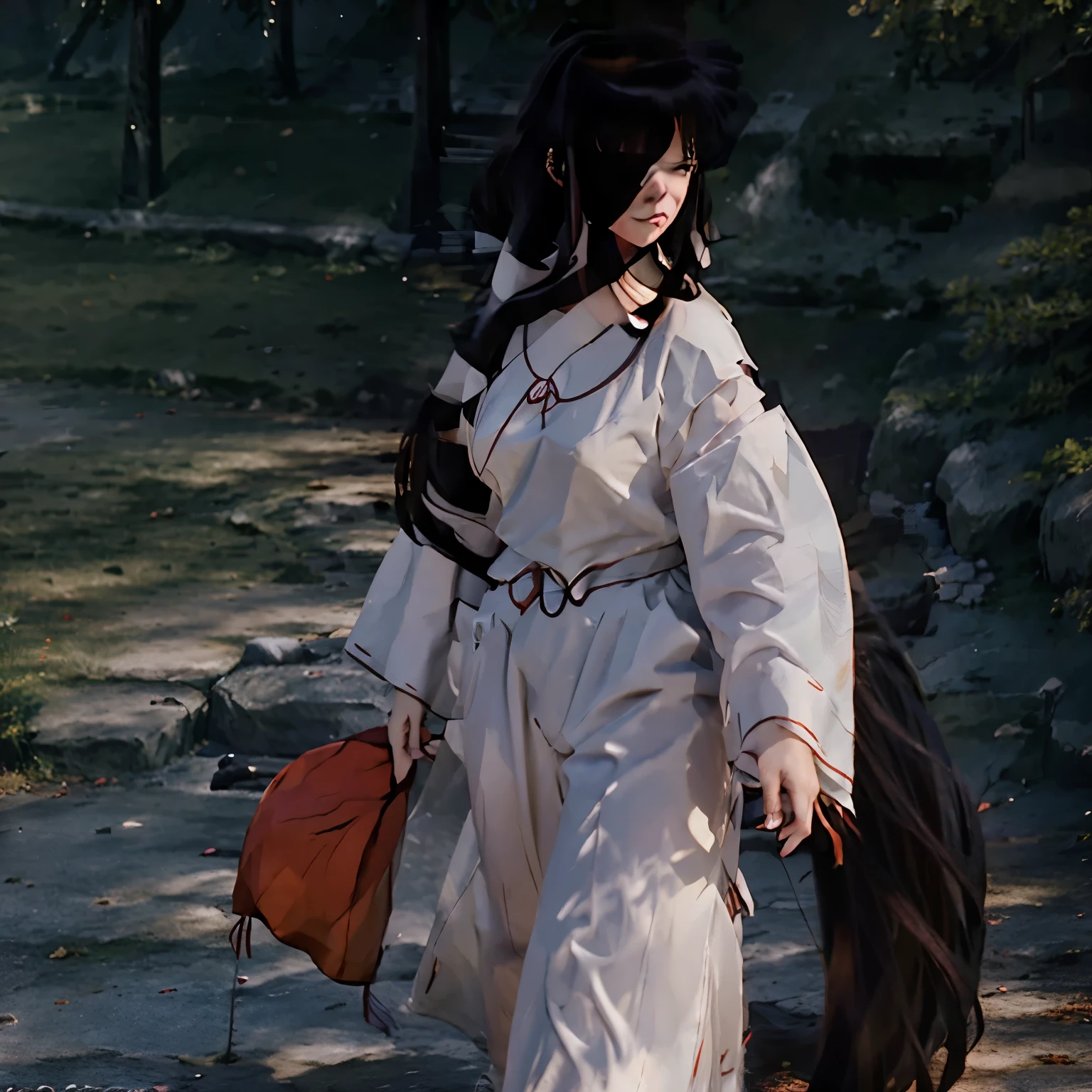 Kikyo personaje de inuyasha en una gala con vestido super elegante pelo arreglado y hermoso maquillada naturalmente