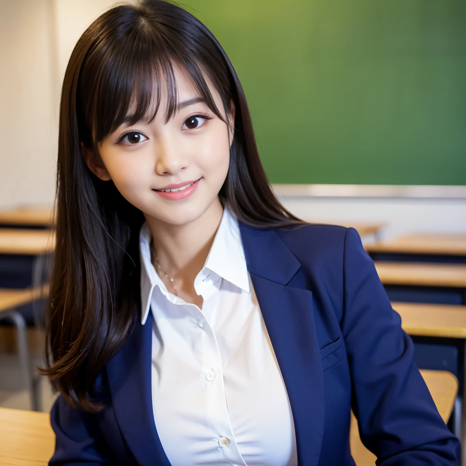 Best-quality, Masterpiece, Ultra-High-Resolution, (Photorealistic:1.4), Raw-Photo, in school classroom, 1girl, the most popular Japanese idol, wearing white blouse with long-sleeves and navy-blue blazer, innocent-smile, extremely cute face like the most famous Japanese idol, extremely beautiful big-eyes, extremely beautiful hair, detailed classroom, detailed white-blouse, detailed navy-blue-blazer, detailed big-eyes