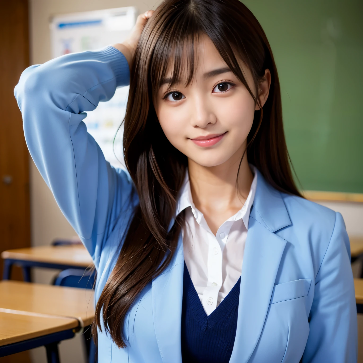 Best-quality, Masterpiece, Ultra-High-Resolution, (Photorealistic:1.4), Raw-Photo, in school classroom, 1girl, the most popular Japanese idol, wearing white blouse with long-sleeves and navy-blue blazer, innocent-smile, extremely cute face like the most famous Japanese idol, extremely beautiful big-eyes, extremely beautiful hair, detailed classroom, detailed white-blouse, detailed navy-blue-blazer, detailed big-eyes
