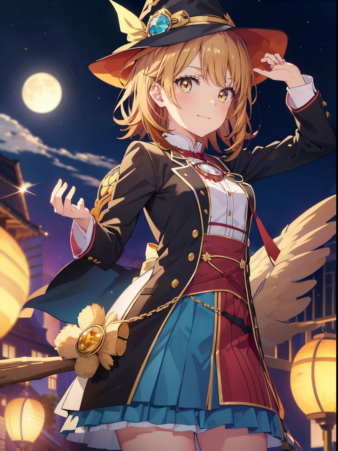 irohaisshiki, iroha isshiki, short hair, brown hair, (brown eyes:1.5), smile,(colorful glowing lantern),((A night sky filled with colorful cute creatures flying around)),((big full moon)),((Sparkling and colorful stars)),fluffy hair,,slightly red tide,((brown eyes)),((Idol style costume with soft volume)),((gorgeous wizard hat)),((witch)),(magic wand with a jewel on the tip),smile,Kamimei,((側面shape)),((Fly through the sky on a magic broom)),
break indoors, classroom,
break looking at viewer,
break (masterpiece:1.2), highest quality, High resolution, unity 8k wallpaper, (shape:0.8), (fine and beautiful eyes:1.6), highly detailed face, perfect lighting, Very detailed CG, (perfect hands, perfect anatomy),
