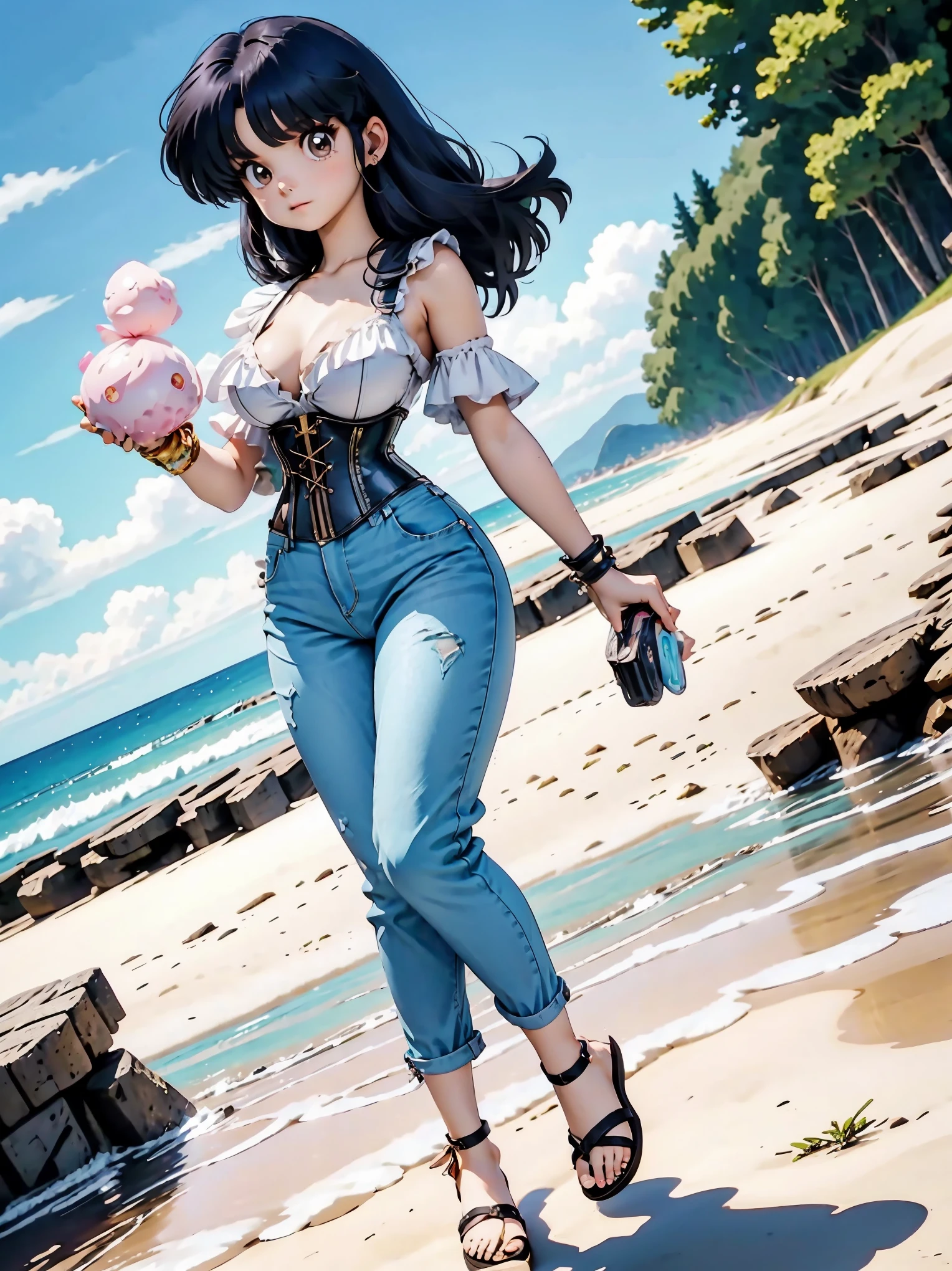 Anime girl with dark bluish hair in bermuda jeans and a corset, , beautiful body, big breasts, with her hands on her waist, hands in her hair, Sexy girl, bluish hair, side strands of hair with a pink bow, strands of hair with a bow on the side of the face, beautiful lighting, soft shadows, brown eyes, beautiful toned legs, short hair, anime style, hand on the waist, hand in the hair, character Akane Tendo, Author Rumiko Takahashi, Based on a work by Rumiko Takahashi, Anime Ranma 1 / 2, sexy cleavage, robust hips, full body, full body, big bust, young girl with nice and beautiful body, sandals on her feet, girl 16 years young, wearing bermuda jeans and corset, anime girl, anime style, beautiful feet in sandals, 45° viewing angle, outdoors, big breast, beautiful breasts, black hair, sandals on feet, beautiful legs, sexy, beautiful legs, Sandals, big breasts, full body, full body, feet with sandals, big bust