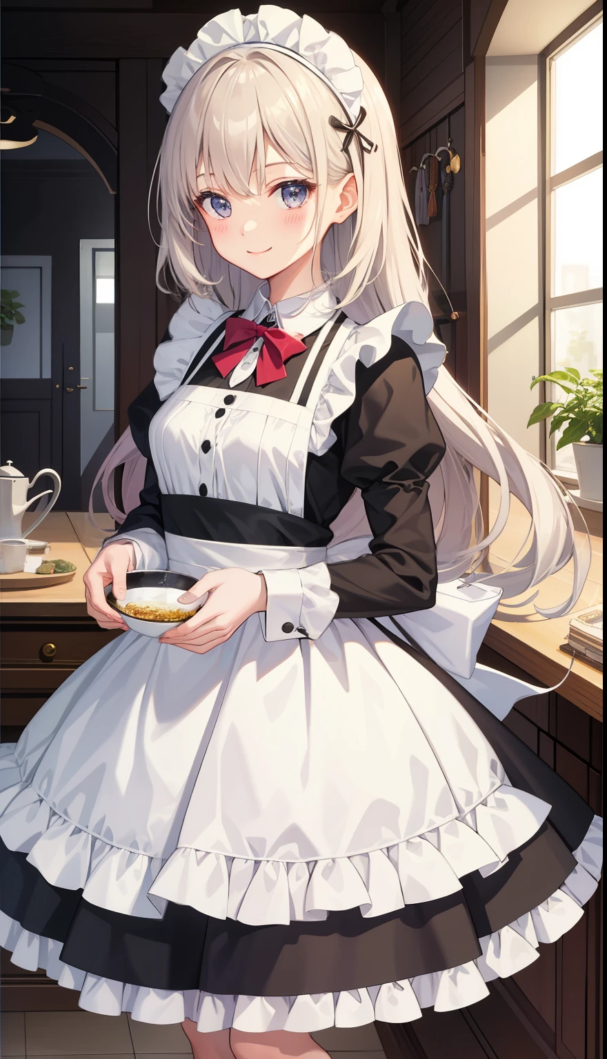 1 girl、smile、shirt、skirt、apron、hair ornaments、cream hair、maid、maidコスチューム、（small breasts）、Wind、