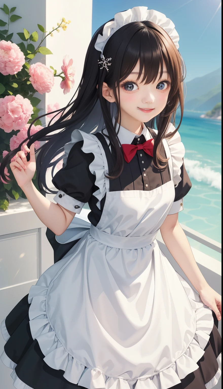 1 girl、smile、shirt、skirt、apron、hair ornaments、cream hair、maid、maidコスチューム、(small breasts)、Wind、
