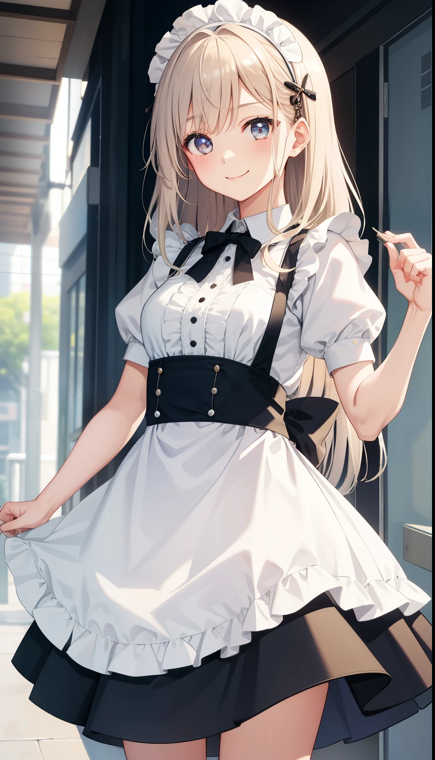 1 girl、smile、shirt、skirt、apron、hair ornaments、cream hair、maid、maidコスチューム、(small breasts)、Wind、