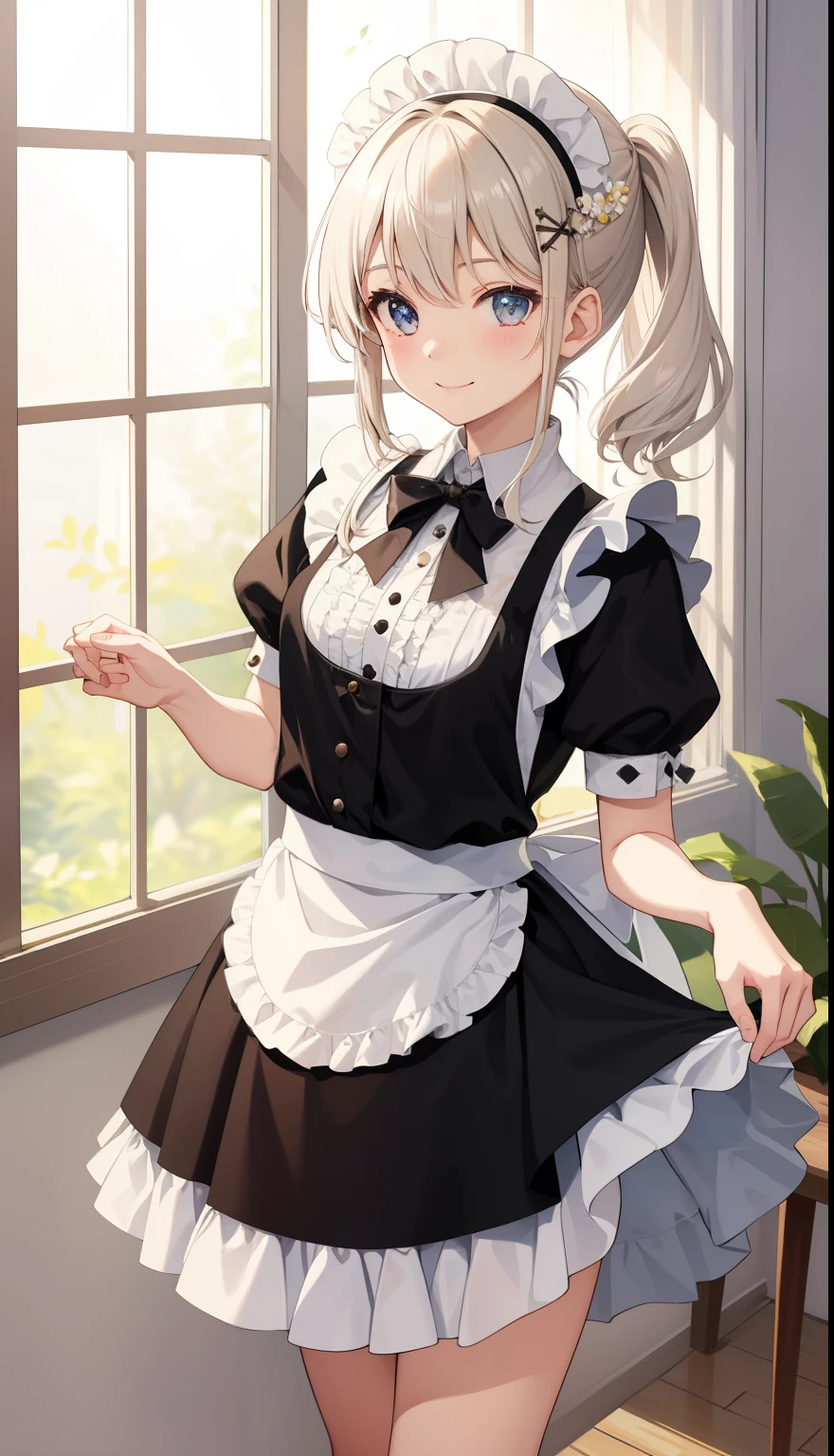 1 girl、smile、shirt、skirt、apron、hair ornaments、cream hair、maid、maidコスチューム、(small breasts)、Wind、