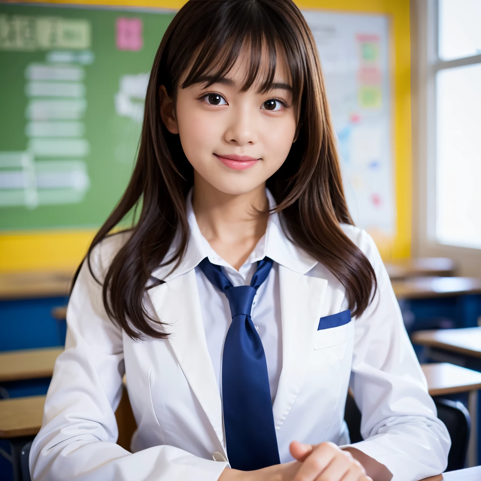 Best-quality, Masterpiece, Ultra-High-Resolution, (Photorealistic:1.4), Raw-Photo, in school classroom, 1girl, -yeld, thost popular Japanese idol, wearing white blouse with long-sleeves and navy-blue blazer, innocent-smile, extremely cute face like the most famous Japanese idol, extremely beautiful big-eyes, extremely beautiful hair, detailed classroom, detailed white-blouse, detailed navy-blue-blazer, detailed big-eyes