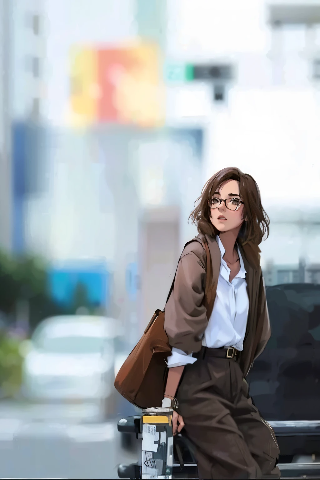 Arapé woman sitting with bag on bench in city, with square glasses, Korean female fashion model, Korean woman, In square-rimmed glasses, Style Kim Young-gi, Refined, casual clothing style, Korean female actresses, 검은 wearing glasses, wearing glasses, Korean woman, 얇고 크고 둥근 wearing glasses, Jiyoung Kwak