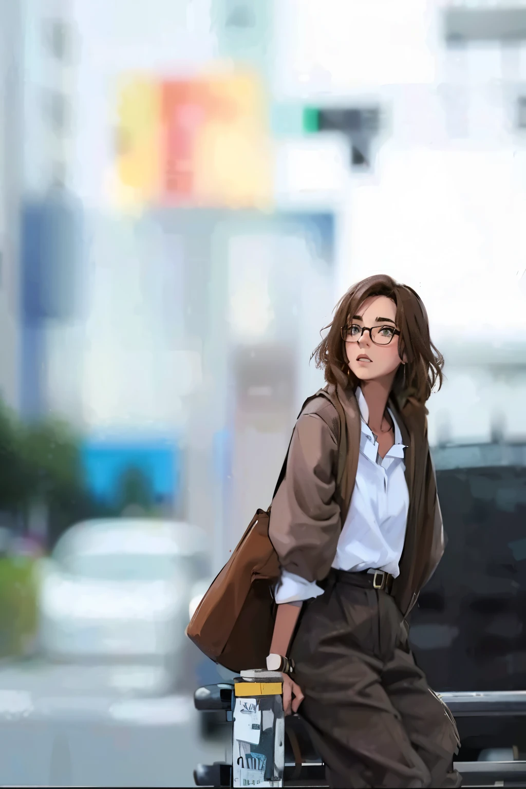 Arapé woman sitting with bag on bench in city, with square glasses, Korean female fashion model, Korean woman, In square-rimmed glasses, Style Kim Young-gi, Refined, casual clothing style, Korean female actresses, 검은 wearing glasses, wearing glasses, Korean woman, 얇고 크고 둥근 wearing glasses, Jiyoung Kwak