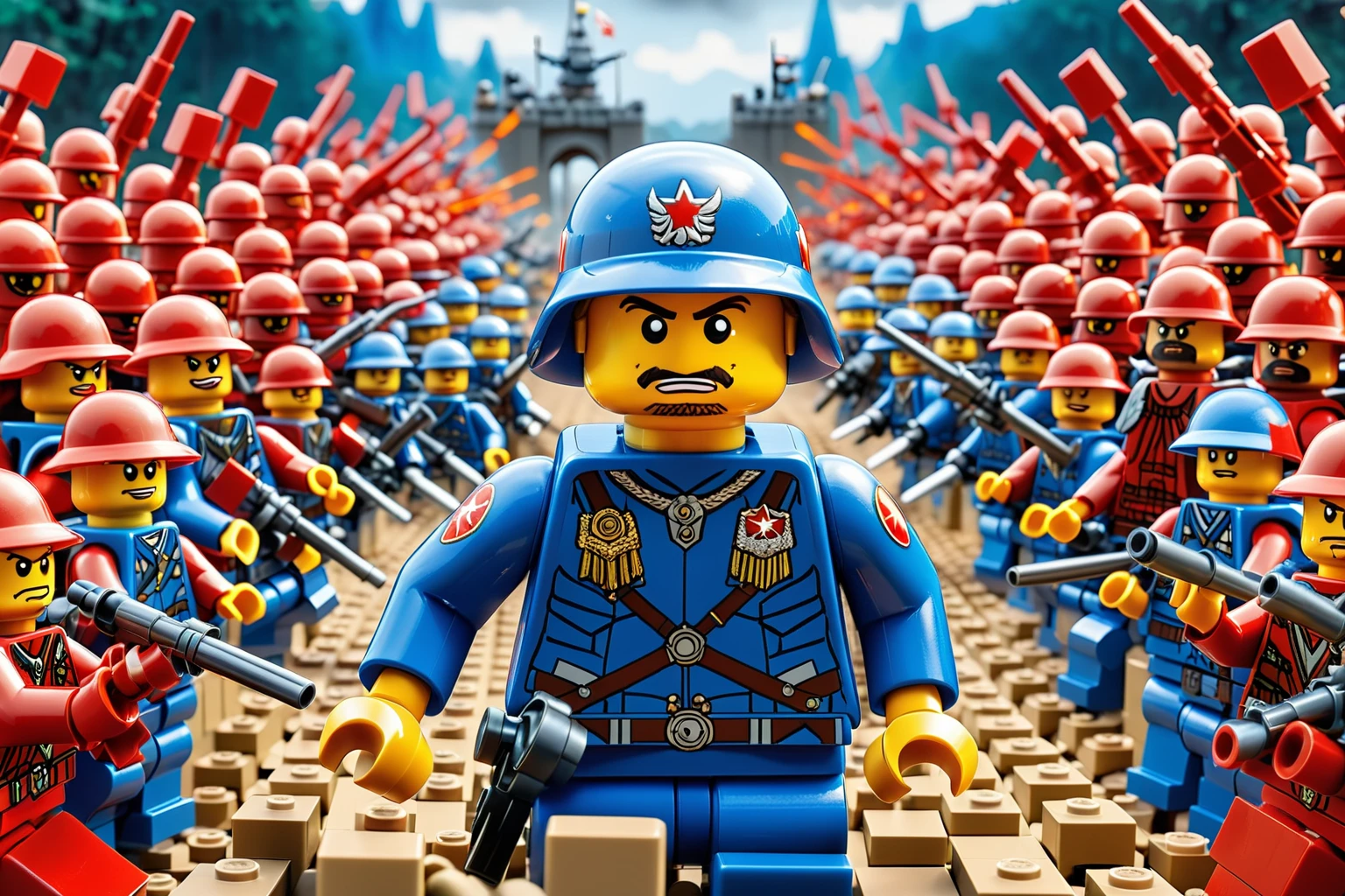 ((from side:1.9)),In the vivid and detailed world of LEGO,((The red Lego army and the blue brick army have reached the final moment of decisive battle:1.5)),A vast battlefield intricately built with Lego bricks,(Shows two completely different armies fighting against each other:1.5)。At the forefront of both teams,(General Lego and General Brick stood sideways and faced each other.:1.8),Their expressions are fierce,Keep your eyes open,His eyes exude authority and fighting spirit。Behind them,Rows of Lego soldiers,Each character is designed with unique combat equipment,assume an aggressive stance,Ready to follow orders and charge