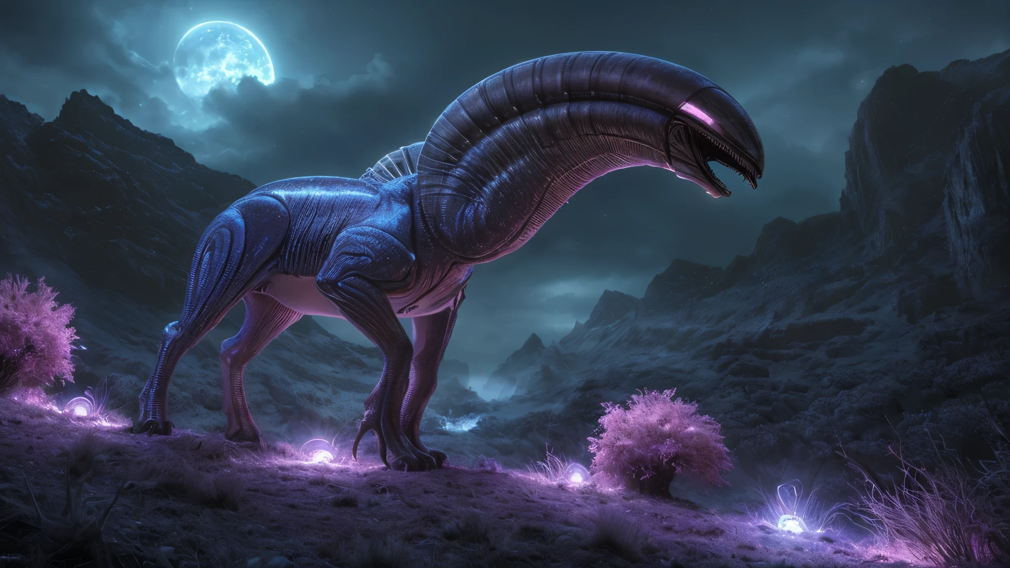 (best quality,4k,8k,highres,masterpiece:1.2),ultra-detailed,realistic,alien animal,extraterrestrial creature,unknown species,dramatic lighting,vivid colors,unearthly landscape,sci-fi