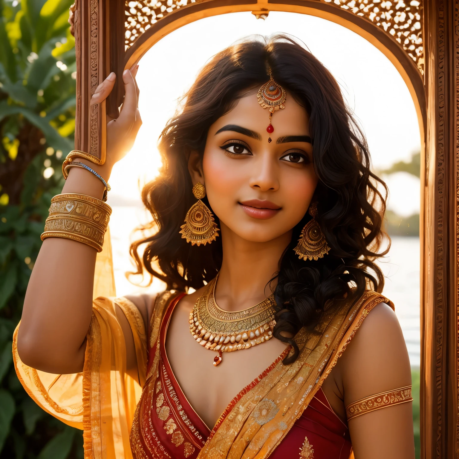 A stunning Indian girl, solo in the frame, adorned in traditional attire, her dark locks cascading down her back in soft curls. Her delicate features are accentuated by her precisely detailed skin, with warm brown eyes framed by thick lashes and a captivating smile playing on her lips. Draped in vibrant colors, she stands confidently in front of a lush garden setting, the sun casting a warm glow on her radiant complexion.
Detailed facial features and subtle yet intricate henna designs adorn her face and hands. The intricacy of her traditional Indian outfit is showcased in each pleat and layered detail. A beautiful blend of authenticity and art