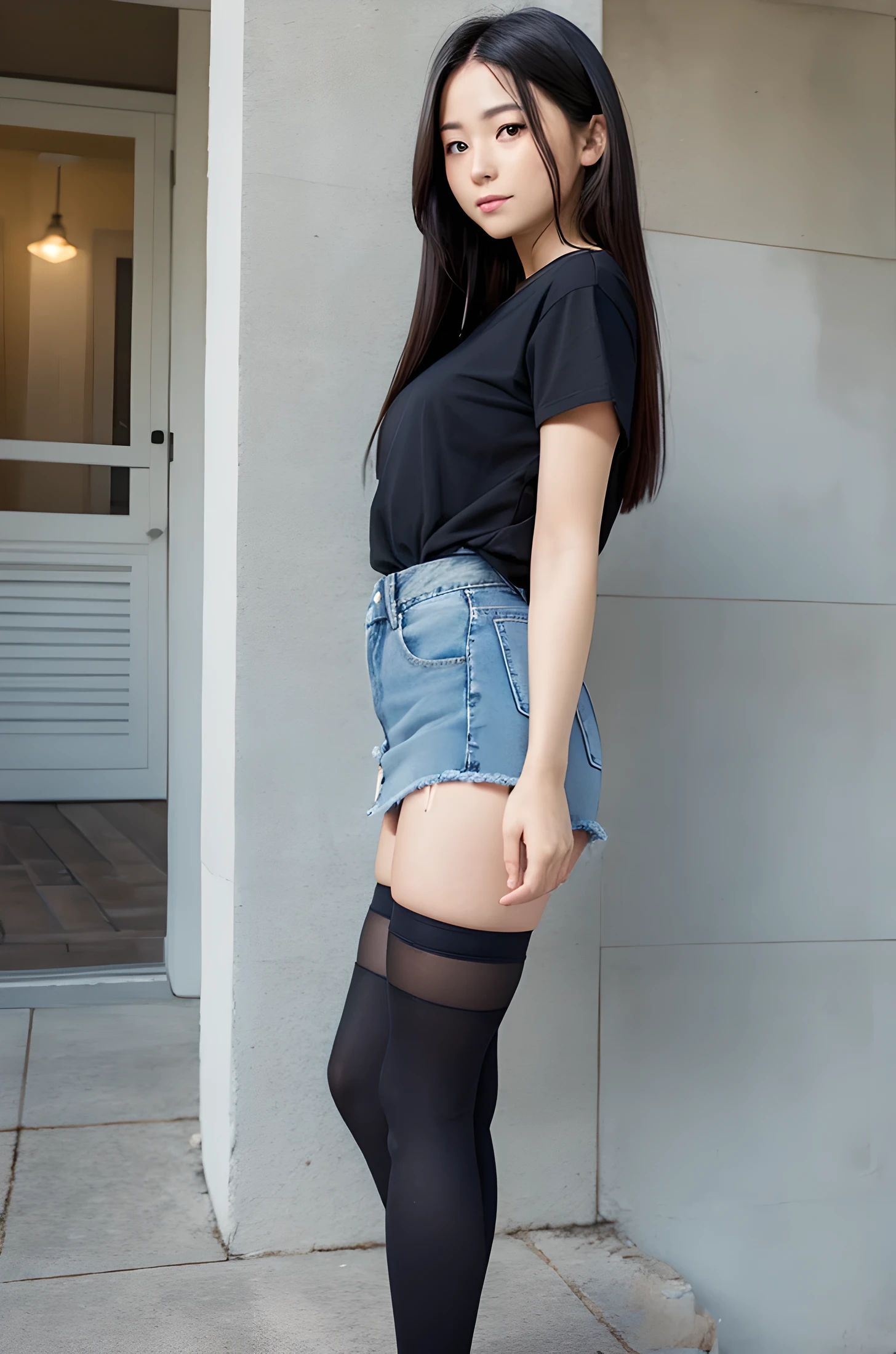 a woman in a black tee shirt and stockings poses with short jean skirt, 1 girl, alone, skirt, teeth, pantyhose, denim, denim skirt, Thighhighs