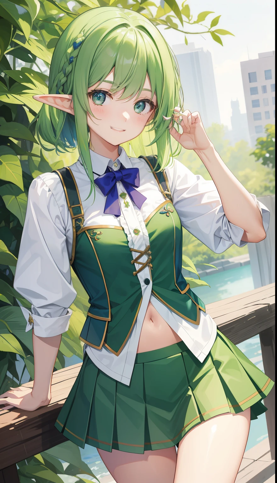 1 girl、smile、pretty girl、elf、green hair、shirt、skirt、(small breasts)、Portrait from the crotch up、