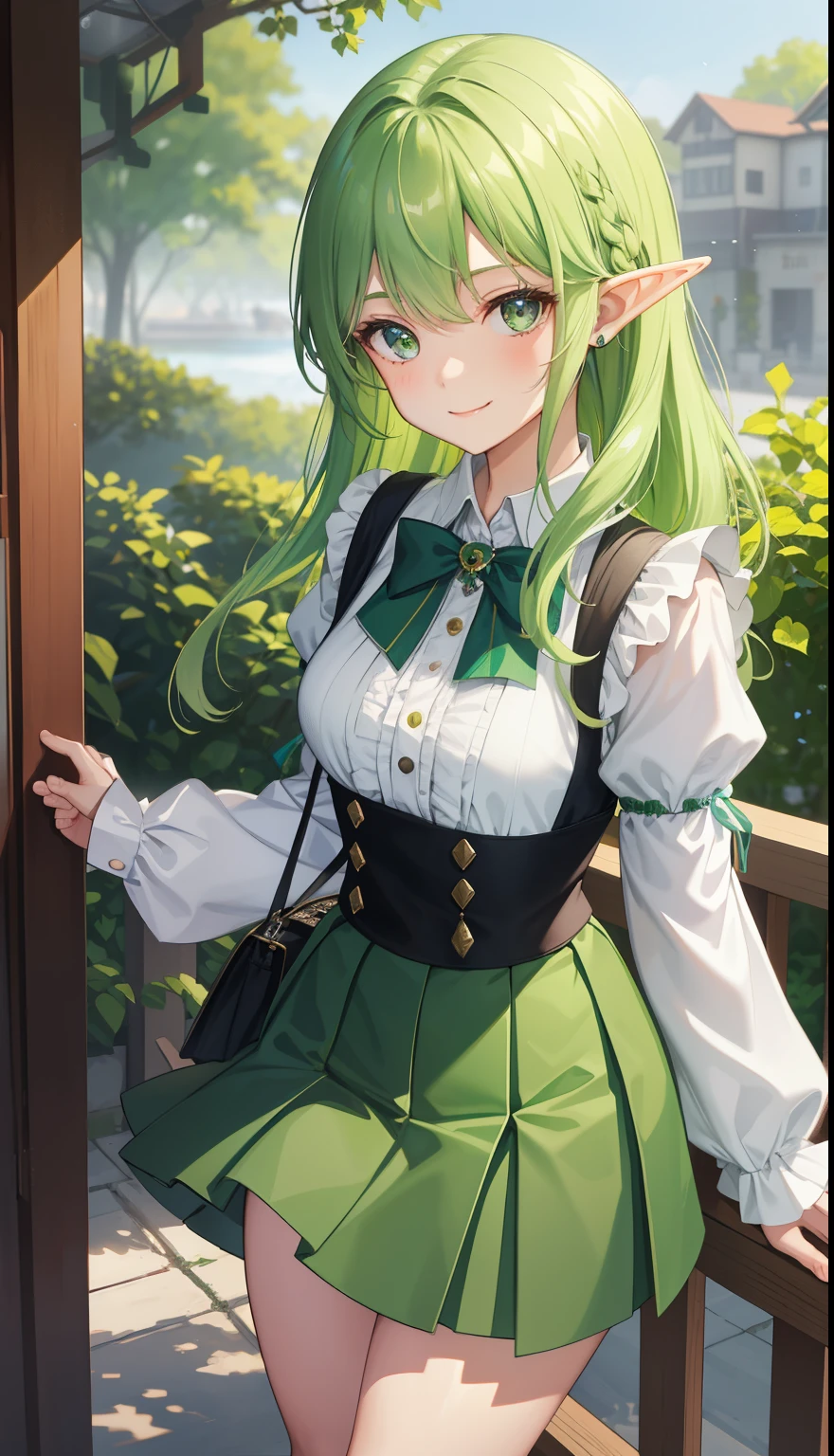 1 girl、as adult、girl、cute underwear、In underwear、(small breasts)(small breasts)、(upper body portrait)、、green hair、elf、、skirt、jump、