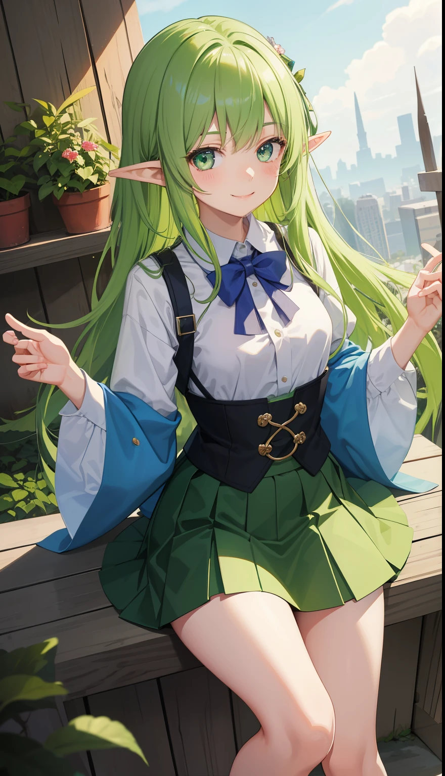 1 girl、smile、pretty girl、elf、green hair、shirt、skirt、（small breasts）、Portrait from the crotch up、