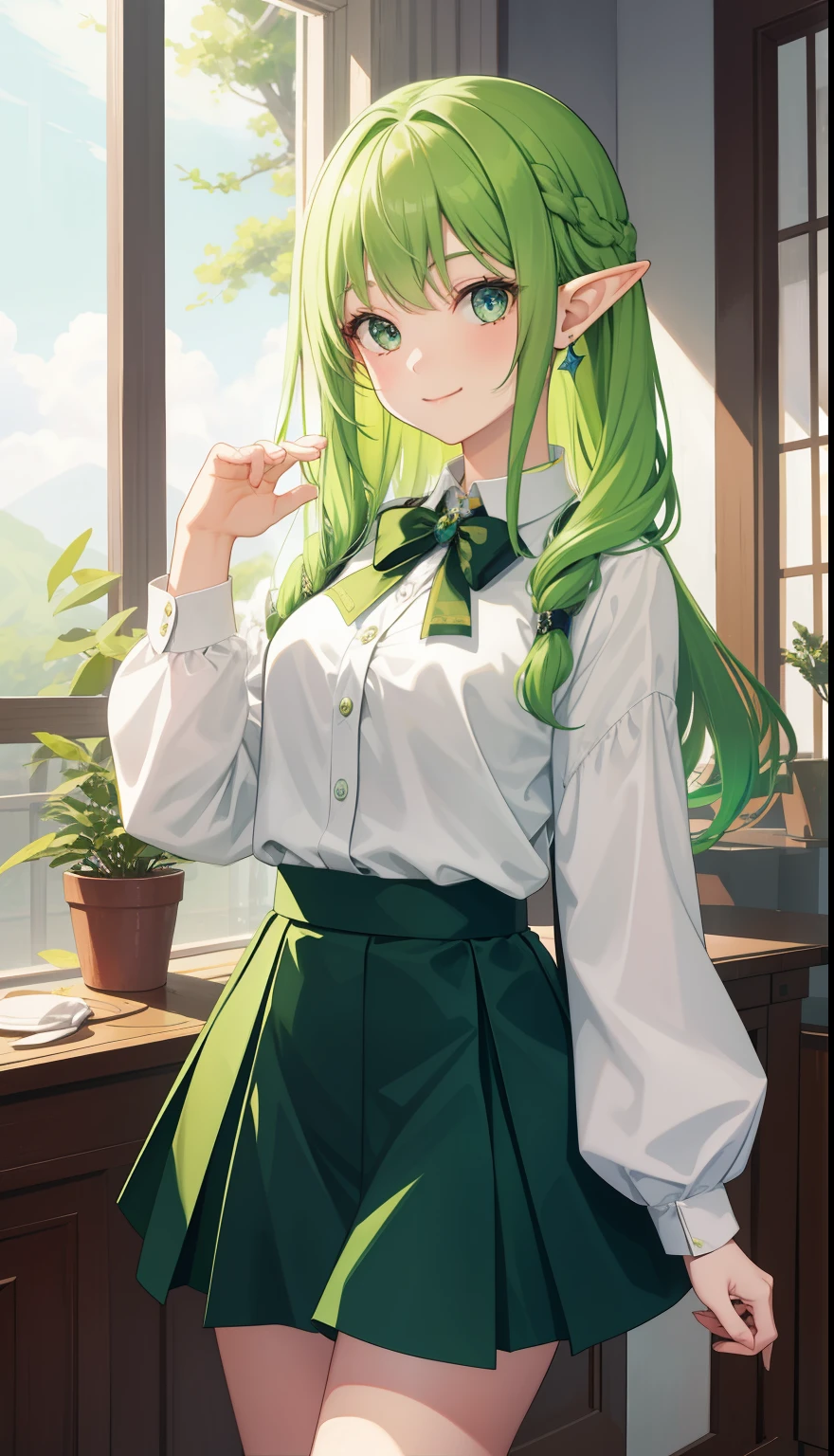 1 girl、smile、pretty girl、elf、green hair、shirt、skirt、(small breasts)、Portrait from the crotch up、
