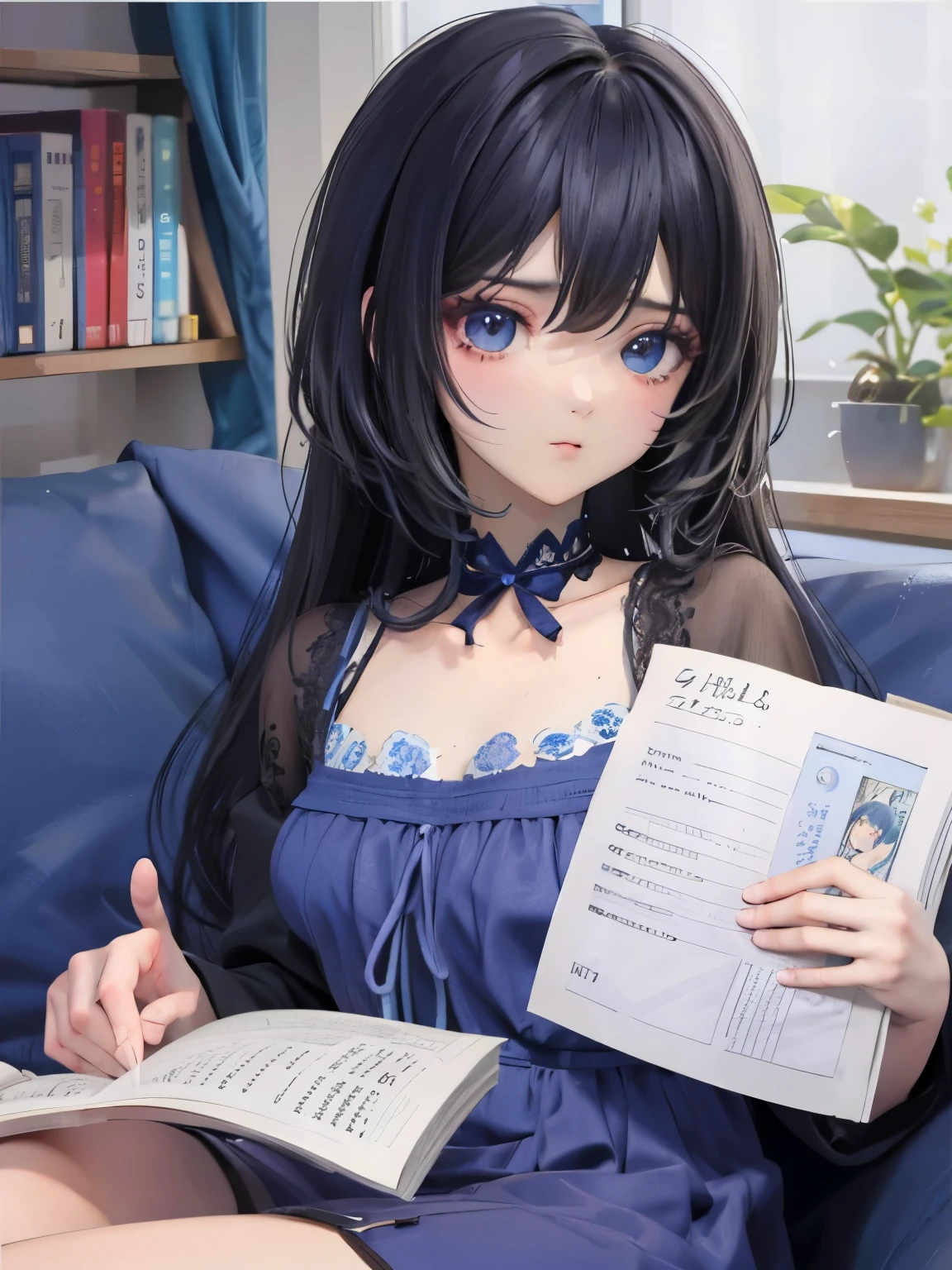 Chica anime con cabello negro y corto y ojos azules con vestido leyendo un diario muy enojada y llorando