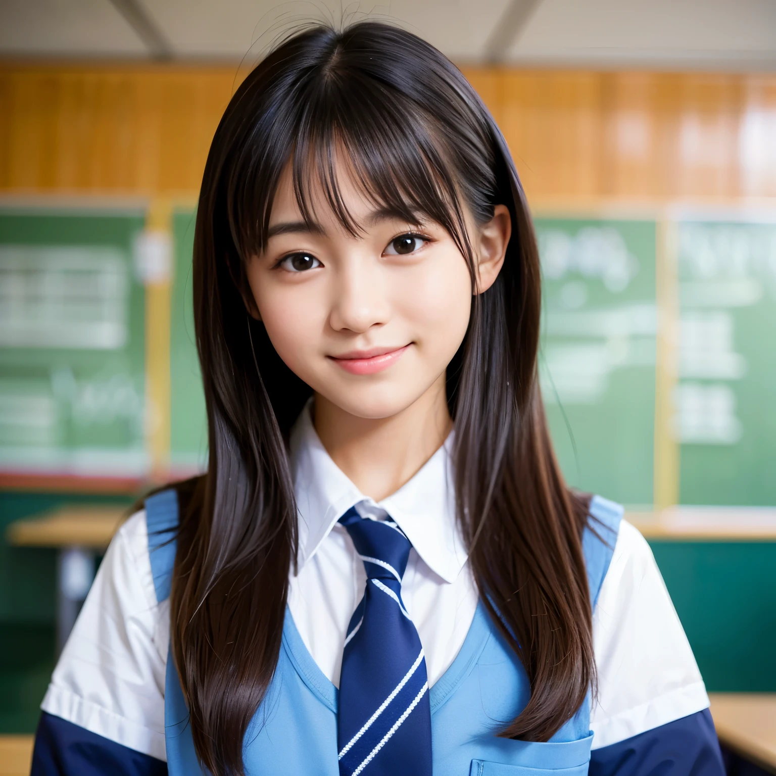 Best-quality, Masterpiece, Ultra-High-Resolution, (Photorealistic:1.4), Raw-Photo, in school classroom, 1girl, 15-years-old, the most popular Japanese idol and Japanese high-school student, wearing Japanese high-school uniform, innocent-smile, extremely cute face like the most famous Japanese idol, extremely beautiful big-eyes, extremely beautiful hair, detailed classroom, detailed big-eyes