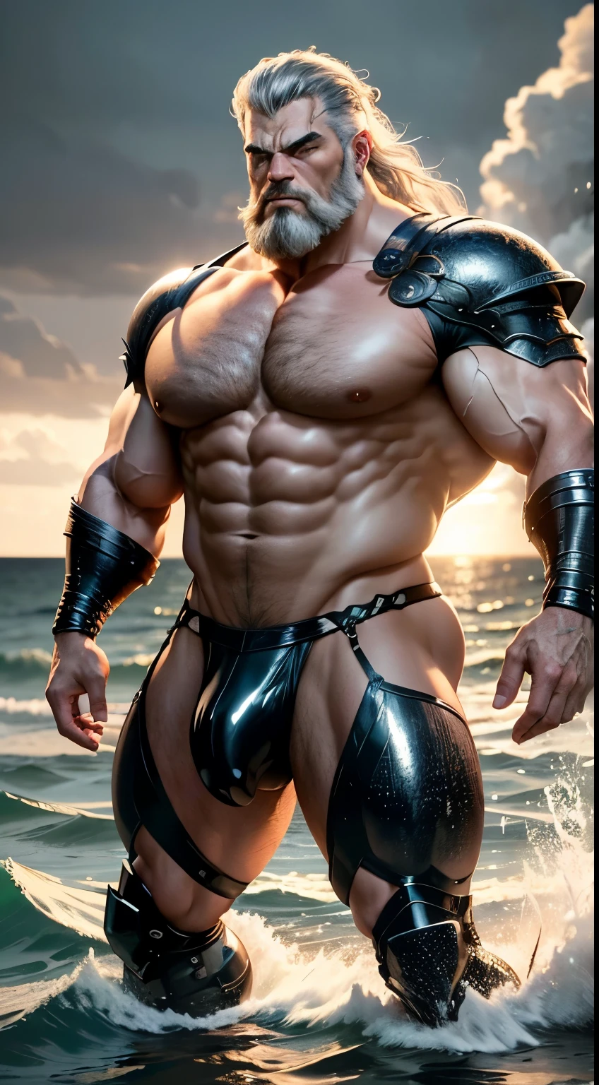 (extremely detailed CG unity 8k wallpaper, masterpiece, best quality, ultra-detailed), best lighting, best shadow (very strong, giant, muscular God Poseidon), wearing battle armor, fierce, wild expression, rushing into battle, dynamic, stormy sea, latex, coming out of the ocean, gushing water, volumetric lighting. absurderes, high resolution, full body visible, revealing armor, matured male, ruggedly handsome face, long gray hair, old warrior, beefy,thick dark eyebrow, thick eyebrows, Male Focus, (wearing blue latex thong), big bulging crotch, big crotch, sweaty wet body, very hairy chest, crotch in focus, Detailed body,Ultra-detailed eyes,hyperdetailed face,(Gray hair:1.2),(All Back Hair:1.2l, (hyper pecs:1.5),Open Claus,(Soft smile:1.2),Perfect ligthing