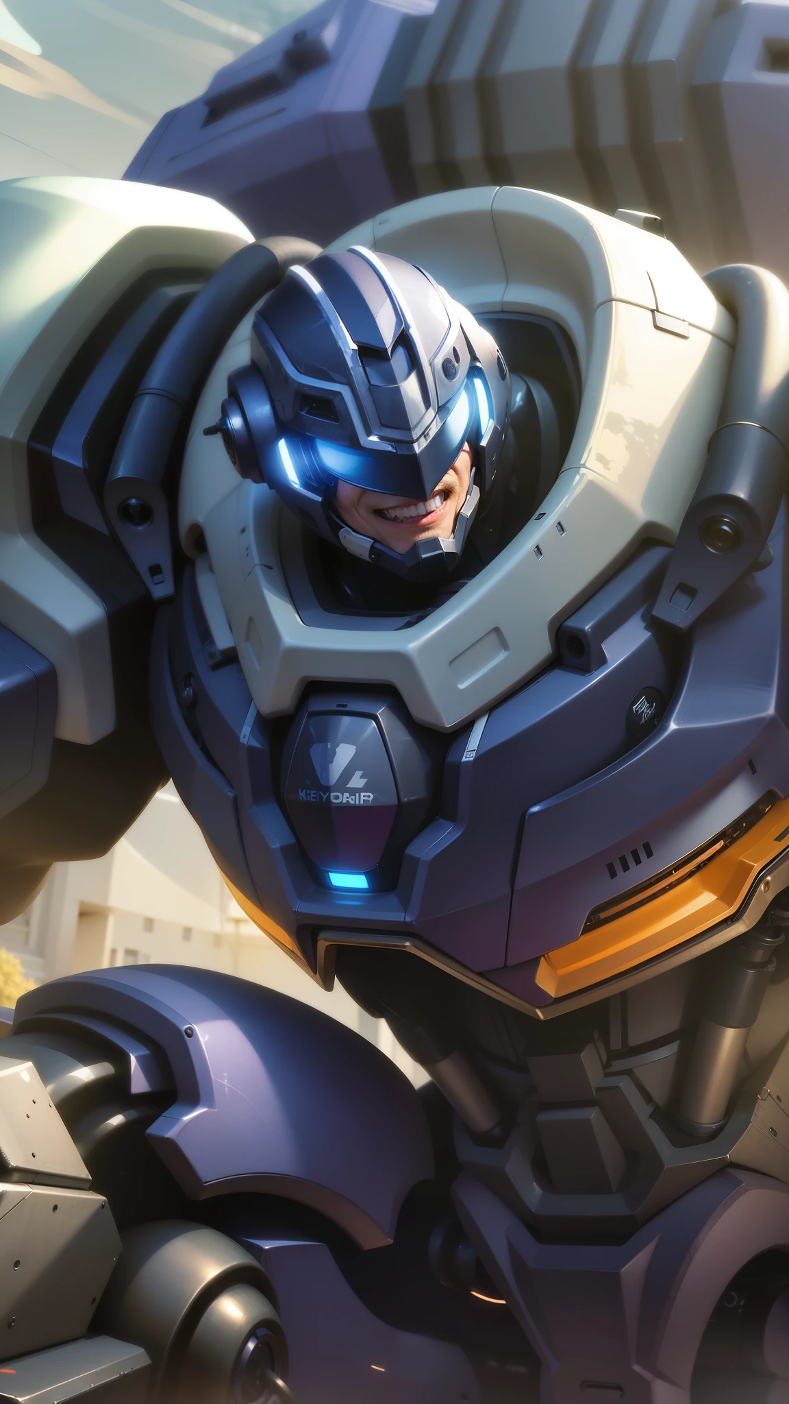 masculine male, masterpiece, best quality, (semirealism:1.9), beautiful lighting, (extremely detailed CG unity 4k fhd wallpaper), High Detail, Sharp focus, dramatic outdoors, a close up of a robot with a helmet on and a sword, smile, futuristic outfit riding a motorcycle.