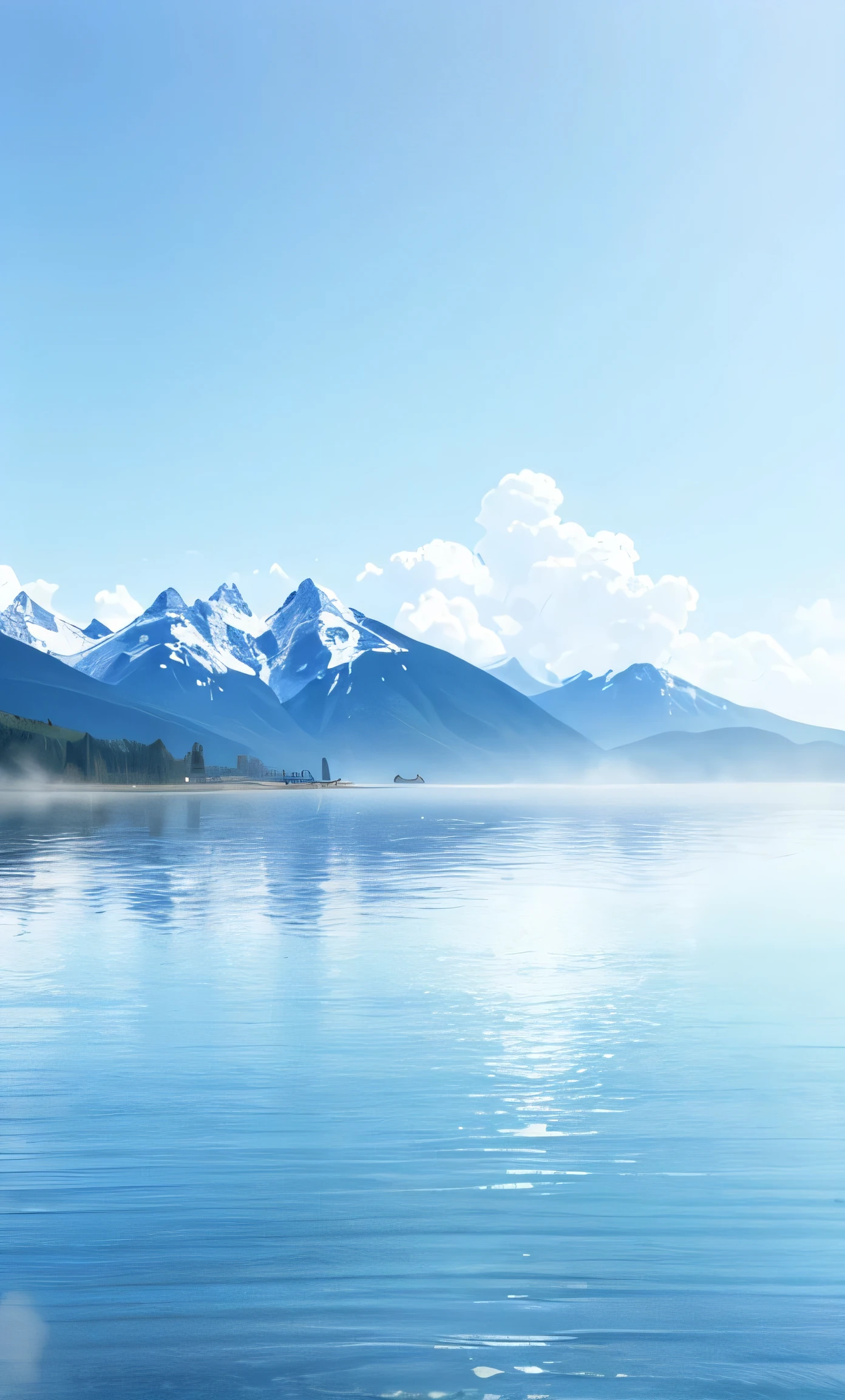 light blue sky and lake water, There are glaciers and mountains in the distance, There is light fog on the lake, The picture is foggy, anime style