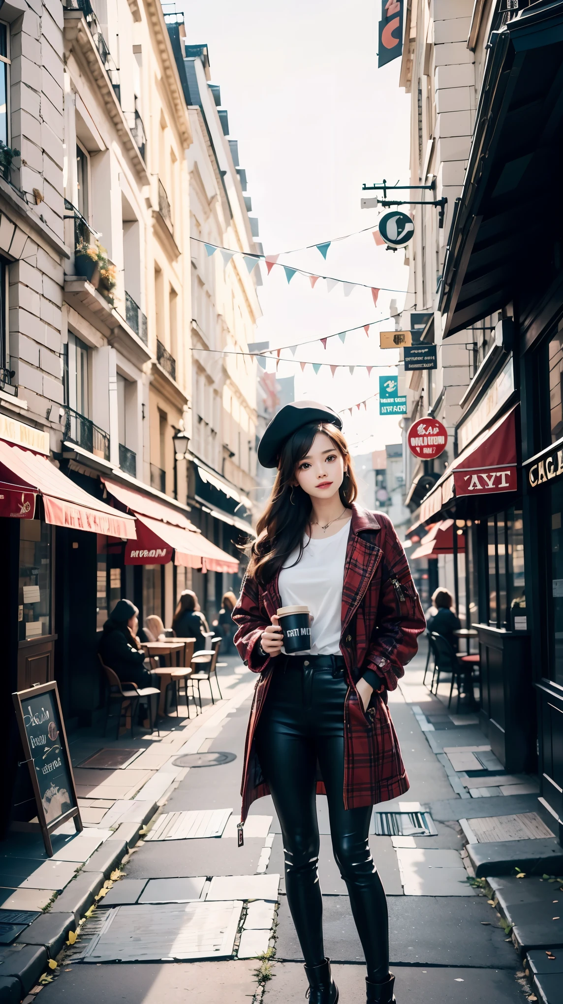 (Masterpiece), (Best quality), 1girl, black beret, red plaid coat, black leggings, Brown Oxford shoes,holding a cup of coffee, slightly sideways, elegant smile, a flagstone road in front of an old-fashioned cafe in Paris, Light ,the setting sun in the afternoon,simple but not out of style with sexy,glowing