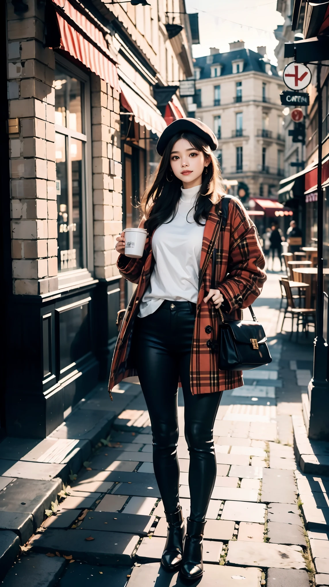 (Masterpiece), (Best quality), 1girl, black beret, red plaid coat, black leggings, Brown Oxford shoes,holding a cup of coffee, slightly sideways, elegant smile, a flagstone road in front of an old-fashioned cafe in Paris, Light ,the setting sun in the afternoon,simple but not out of style with sexy,glowing