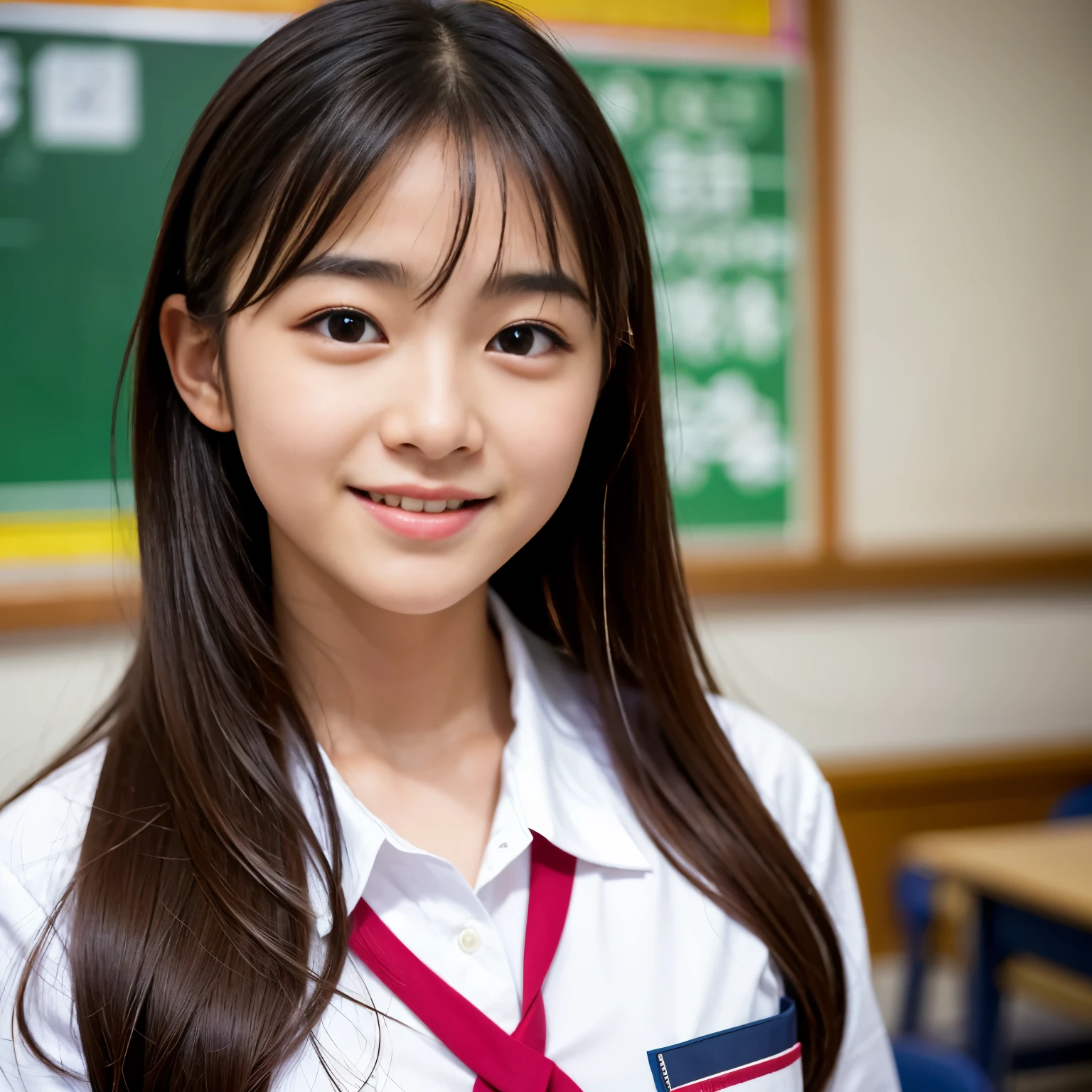 Best-quality, Masterpiece, Ultra-High-Resolution, (Photorealistic:1.4), Raw-Photo, in school classroom, 1girl, -yeld, thost popular Japanese actress and Japanese high-school student, wearing Japanese high-school uniform, innocent-smile, extremely beautiful face like the most famous Japanese actress, extremely beautiful big-eyes, extremely beautiful hair, extremely beautiful skins, detailed classroom, detailed big-eyes