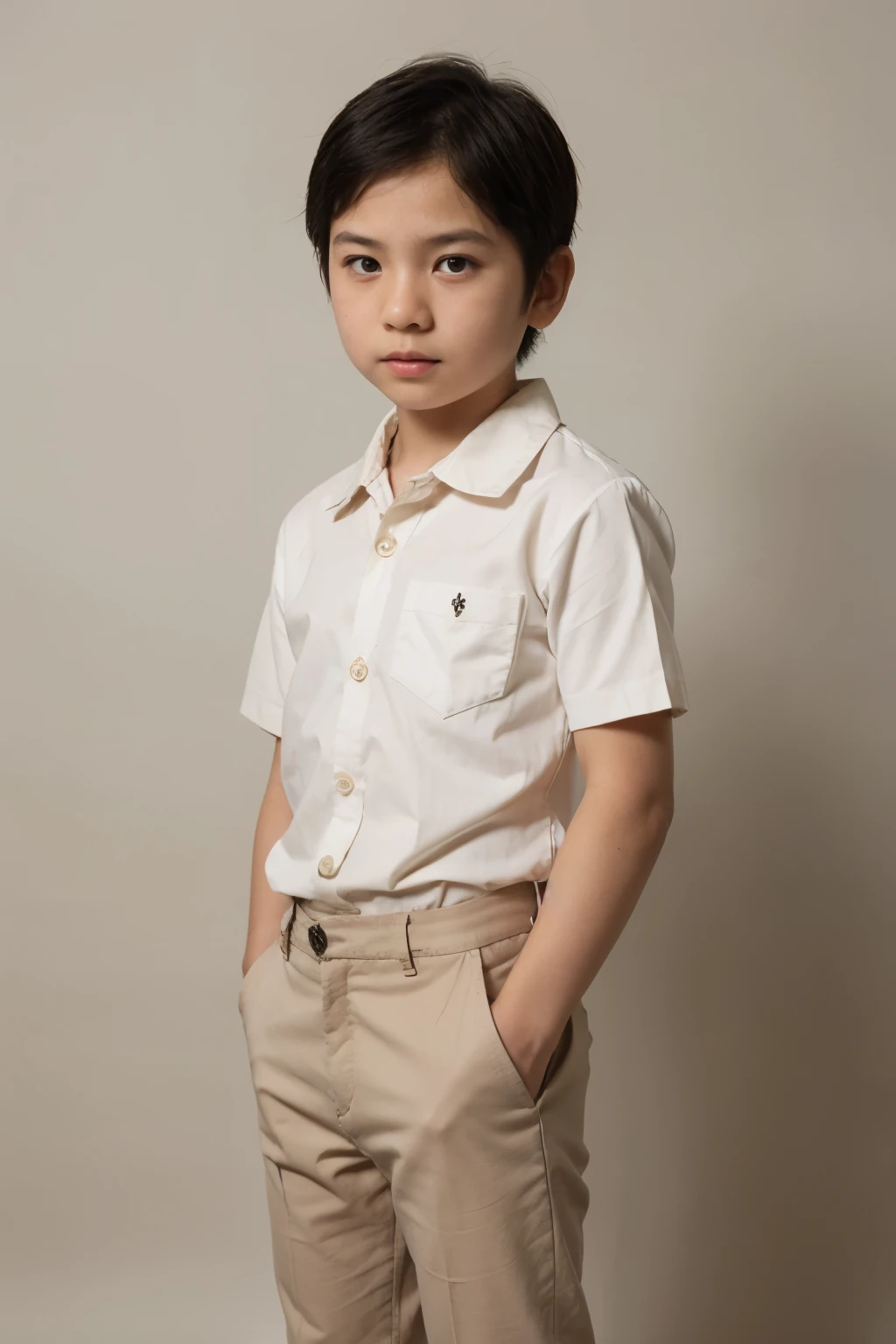 Realistic male asian student, short black hair, wearing white student collar shirt buttoning up to the collar, short sleeve, and beige pants, long medium shot, white plain background