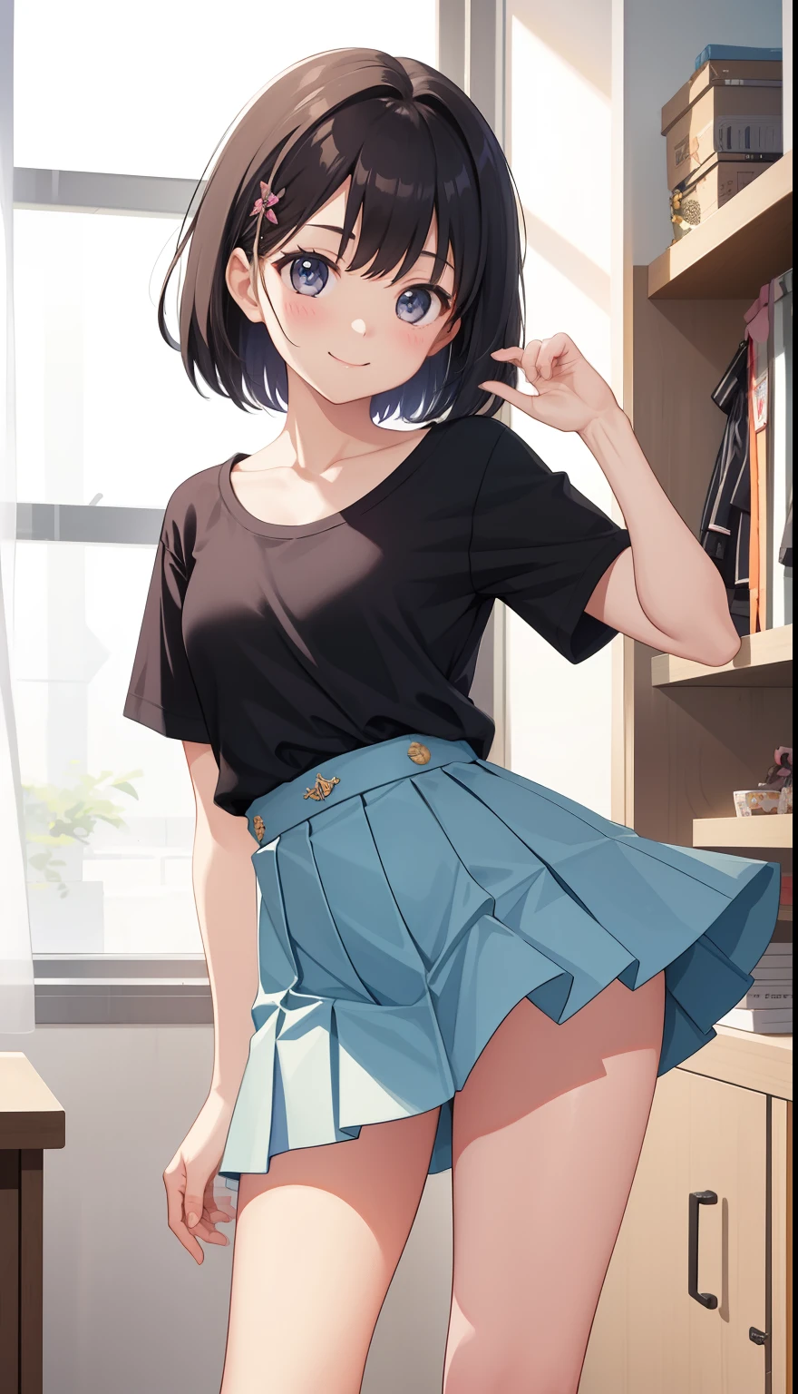 1 girl、smile、pretty girl、shirt、skirt、（small breasts）、Portrait from the crotch up、cute underwear、