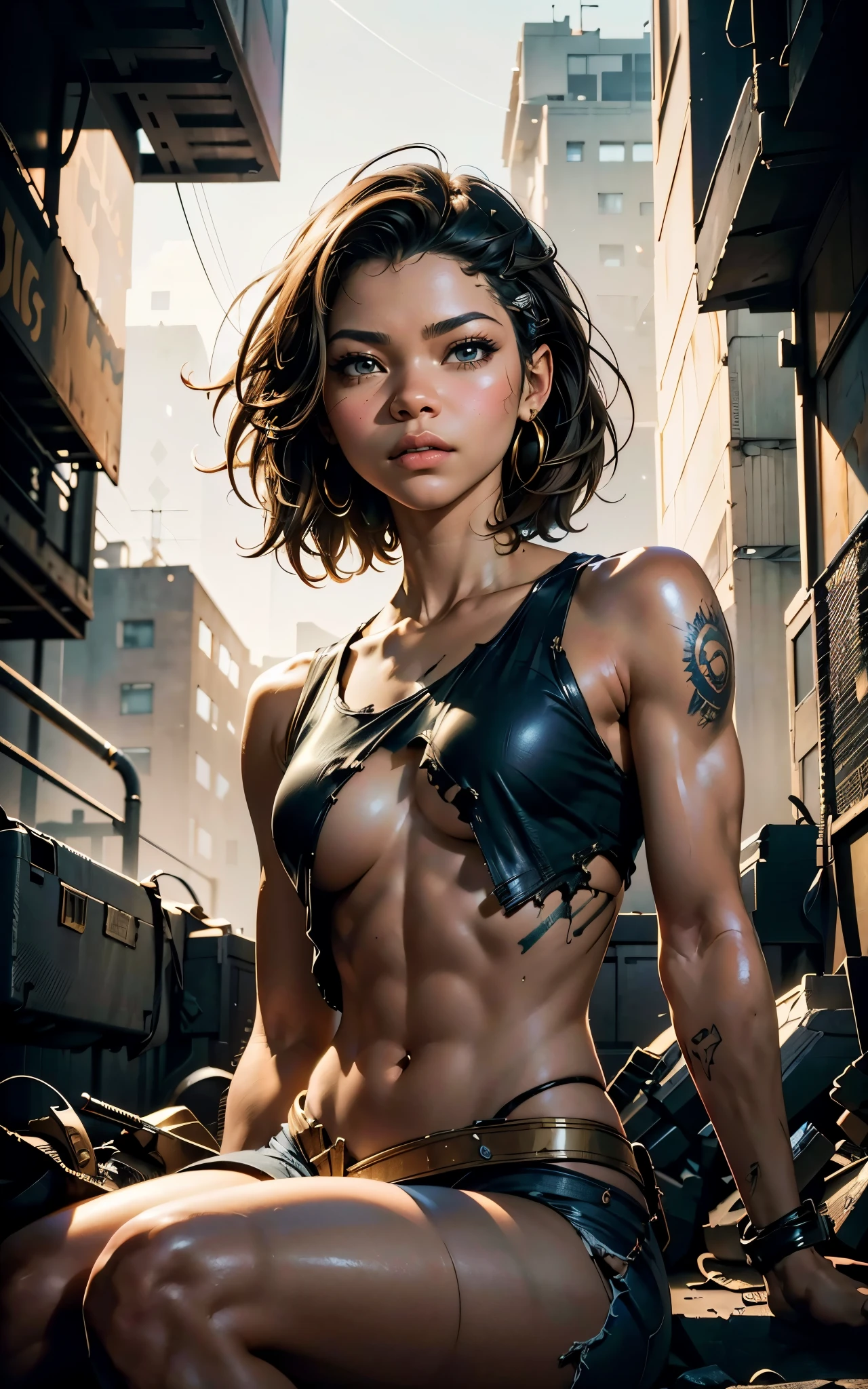 (Zendaya:Evangeline Lilly) ,sitting on some stairs, ripped jeans, tank top, ((pulls up her shirt)) , slightly muscular, Beautiful anime waifu style girl, hyperdetailed painting, luminism, art by Carne Griffiths and Wadim Kashin concept art, post-apocalyptic background, abstract beauty, approaching perfection, pure form, golden ratio, minimalistic, dark atmosphere, unfinished, concept art, intricate details, 8k post production, high resolution, hyperdetailed, trending on artstation, sharp focus, studio photo, intricate details, highly detailed, by Jon Bauer