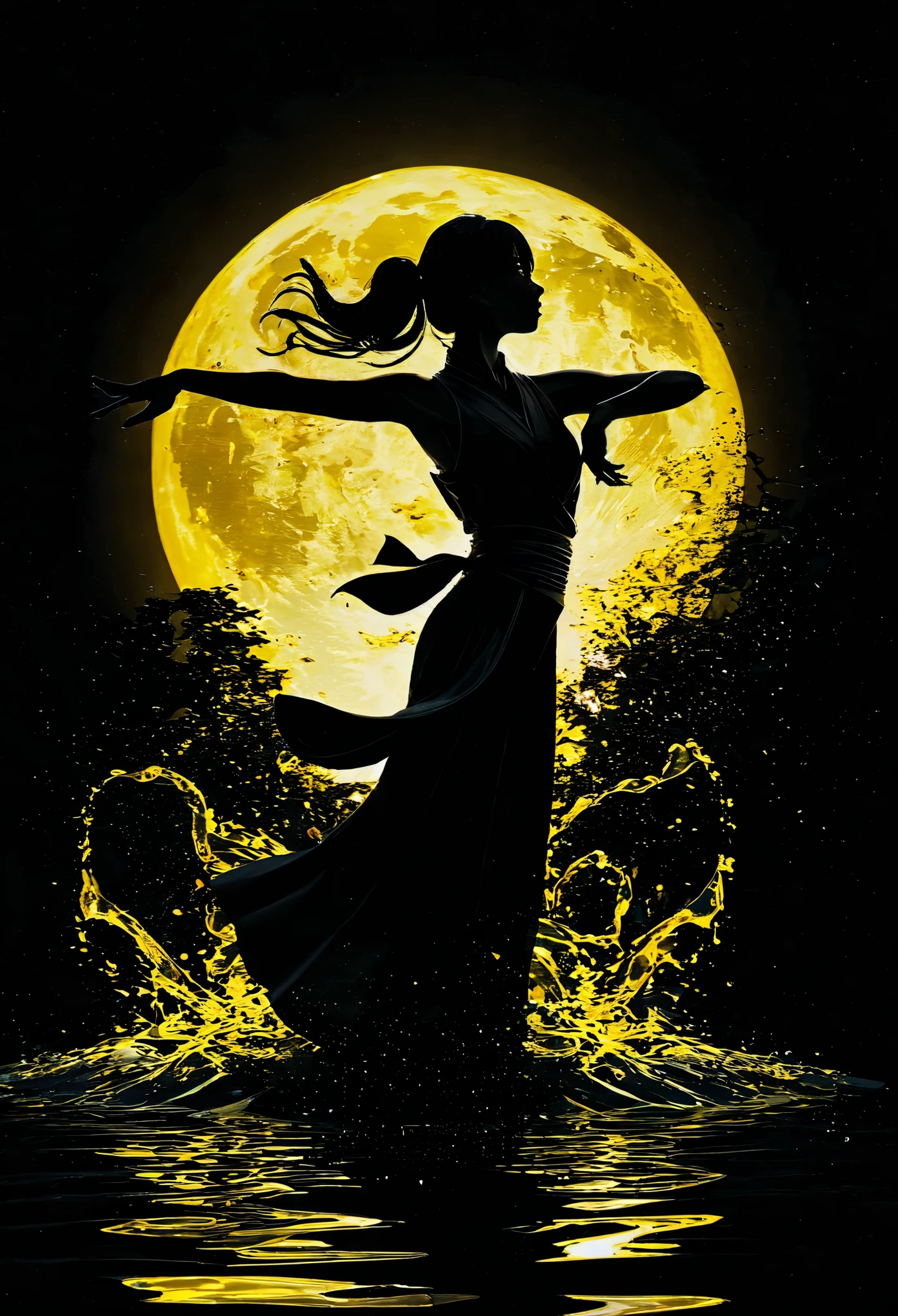 (纯Black silhouette,Heroine silhouette:1.5),(Fighting posture,strong dyna pose:1.4),on the lake,high contrast, movie lighting, Enigmatic Atmosphere,,lotus flower,Lotus leaf,corrugation,(water splash;1.4),a moon,dyna,martial arts,Kungfu,Black silhouette,Extreme backlight shooting,Photo showing Black silhouette(No color or detail),Creates strong contrast with bright background