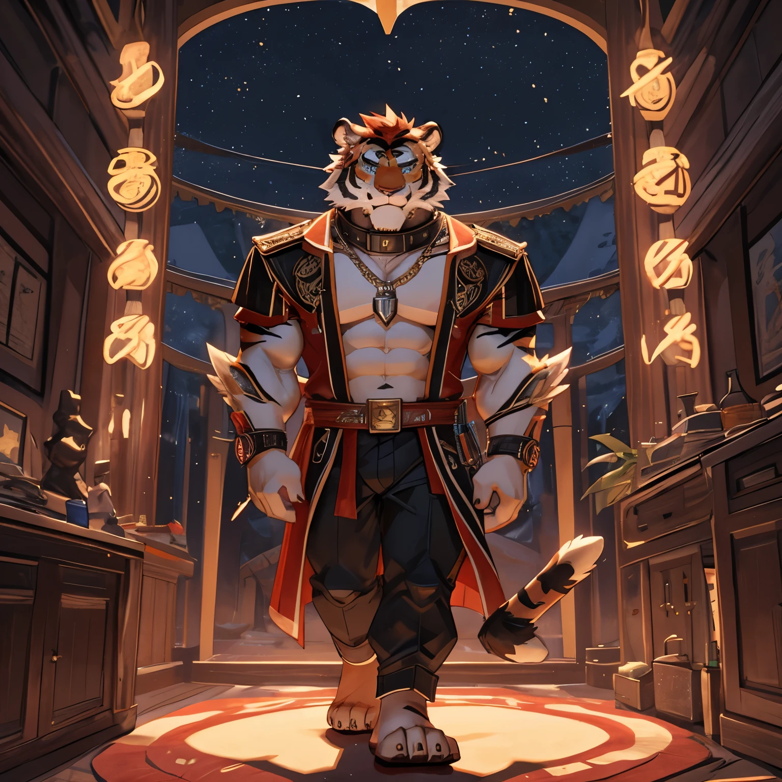 Da Ben is a young yellow tiger with red hair,There are red tiger stripes on the body,Strong body,Because of the clothes,You can see his strong chest and abdominal muscles,And his pair of naked fleshy feet。He was wearing a black white-collar Mao Xiaohuan,Wearing a tiger tooth necklace around her neck,Legs wearing black trousers with red lines,But a pair of bare feet,Carrying a machete behind his back。