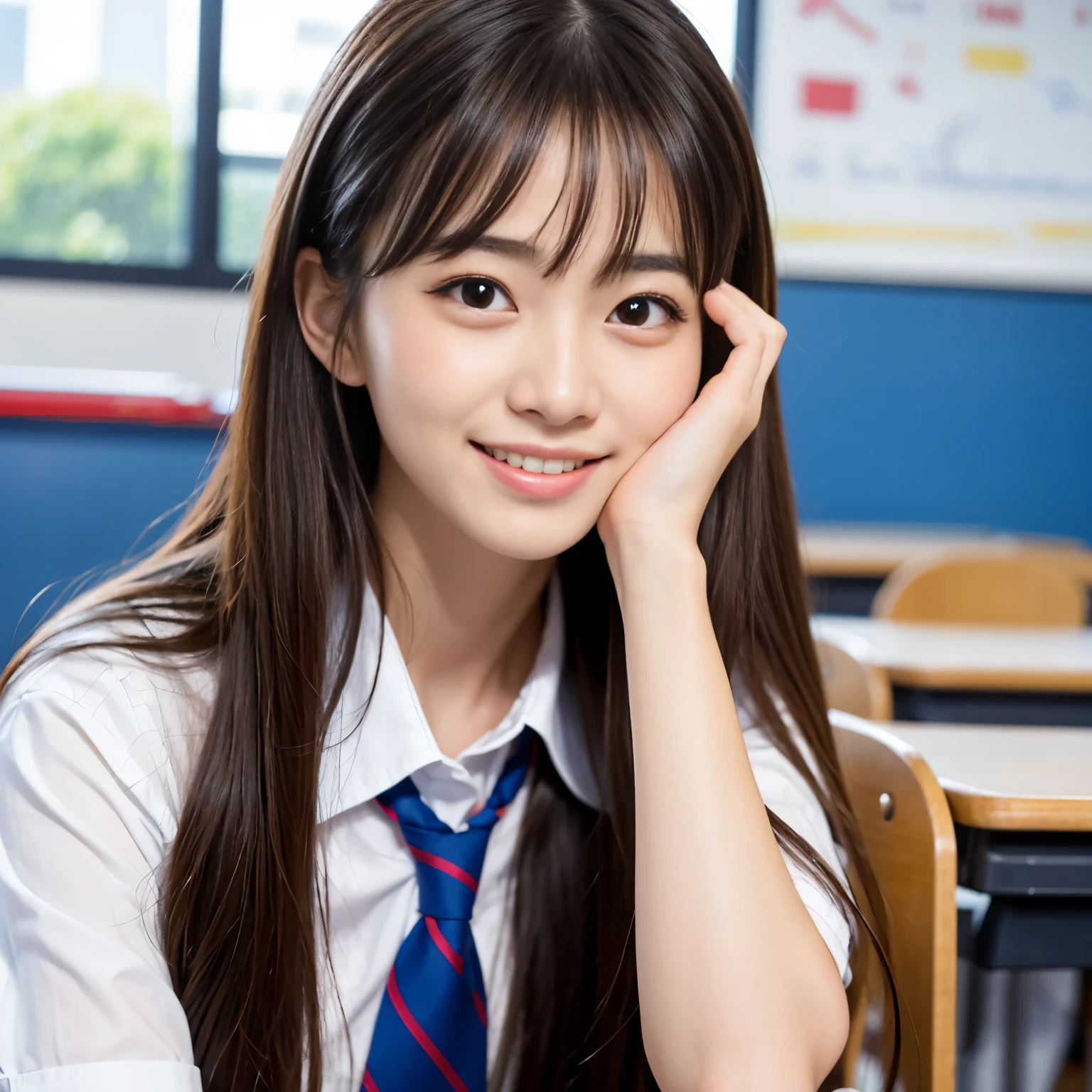 Best-quality, Masterpiece, Ultra-High-Resolution, (Photorealistic:1.4), Raw-Photo, in school classroom, 1girl, 15-years-old, the most popular Japanese idol, wearing Japanese high-school uniform, innocent-smile, extremely pretty face like the most famous Japanese idol, extremely beautiful big-eyes, extremely beautiful hair, extremely beautiful skins, detailed classroom, detailed big-eyes
