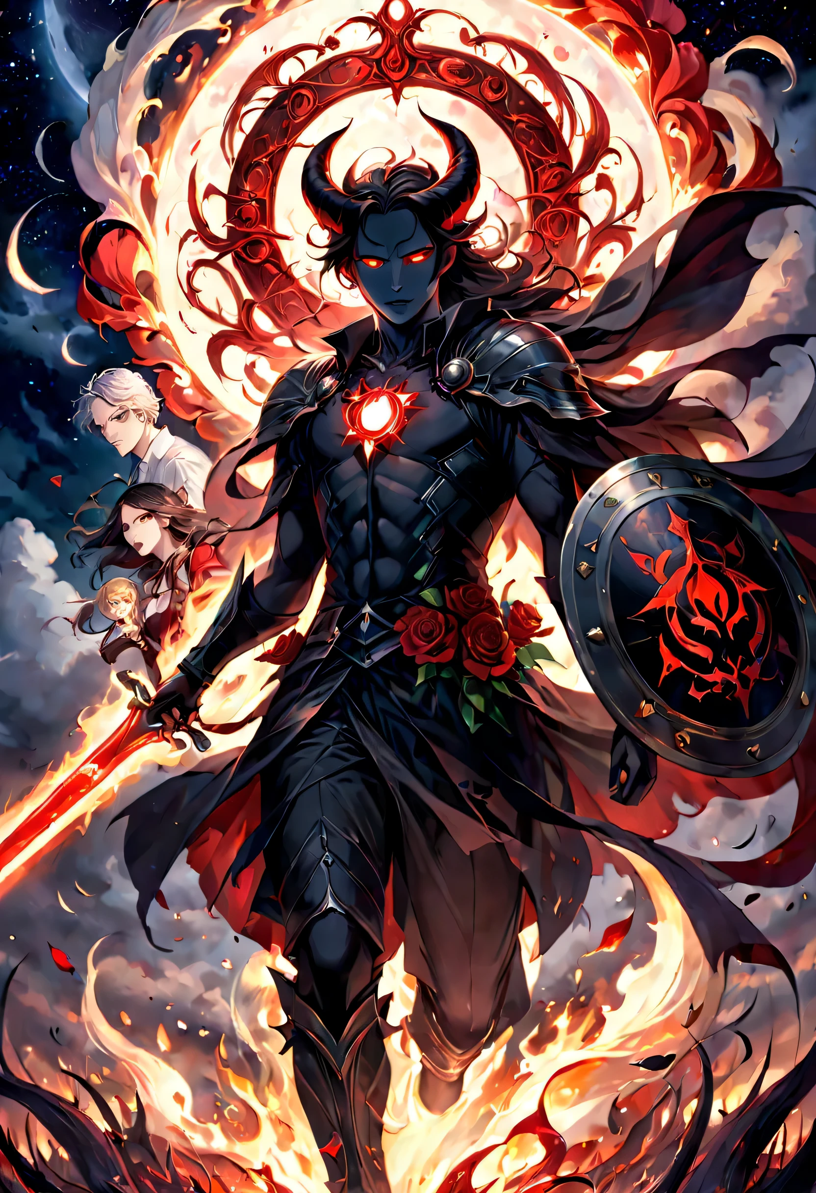 final showdown super illustration extremely detail, story of the brave, nightmare with dream can't wake up from, get everything, dark sky, false glory, supernatural existence, even if all hope is lost, seek more power, stepping on countless corpses and shouldering the burden of guilt, darkness of night fall, demon inside, all range, born in the abyss, vengeance, blood burning, moonlight signpost with run through, wipe away the pain and sadness, until we tear apart the darkness and bring light, stir up blood, to weave hope, determined eyes, stunning elaborate sword, following the scars, hero who carries the dreams of the world on his shoulders of intricate detail, flowers of memories are in full bloom, in light and shadow, beautiful detail shield, oil painting, 