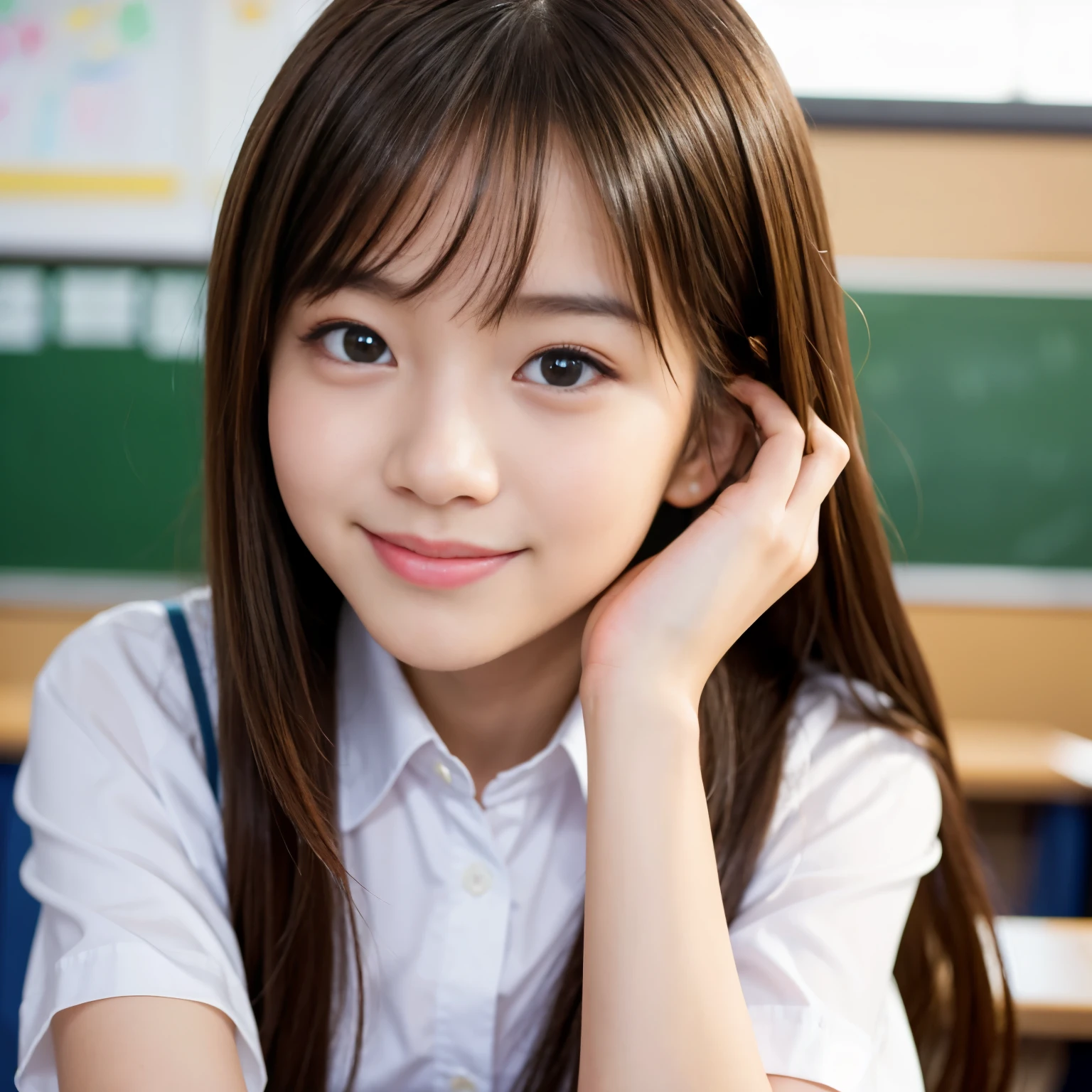 Best-quality, Masterpiece, Ultra-High-Resolution, (Photorealistic:1.4), Raw-Photo, in school classroom, 1girl, 15-years-old, the most popular Japanese idol, wearing Japanese high-school uniform, innocent-smile, extremely pretty face like the most famous Japanese idol, extremely beautiful big-solid-circle-eyes, extremely beautiful hair, extremely beautiful skins, detailed classroom, detailed big-attractive-eyes