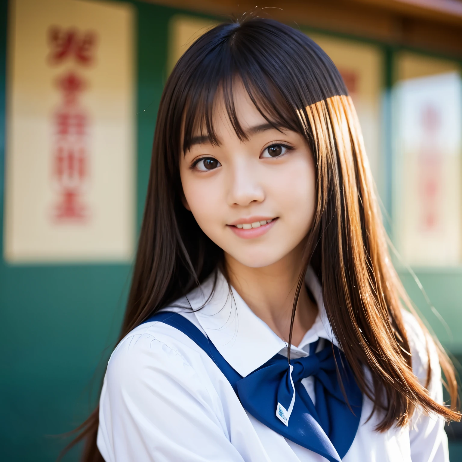Best-quality, Masterpiece, Ultra-High-Resolution, (Photorealistic:1.4), Raw-Photo, in school classroom, 1girl, 15-years-old, the most popular Japanese idol, wearing Japanese high-school uniform, innocent-smile, extremely pretty face like the most famous Japanese idol, extremely beautiful big-solid-circle-eyes, extremely beautiful hair, extremely beautiful skins, detailed classroom, detailed big-attractive-eyes