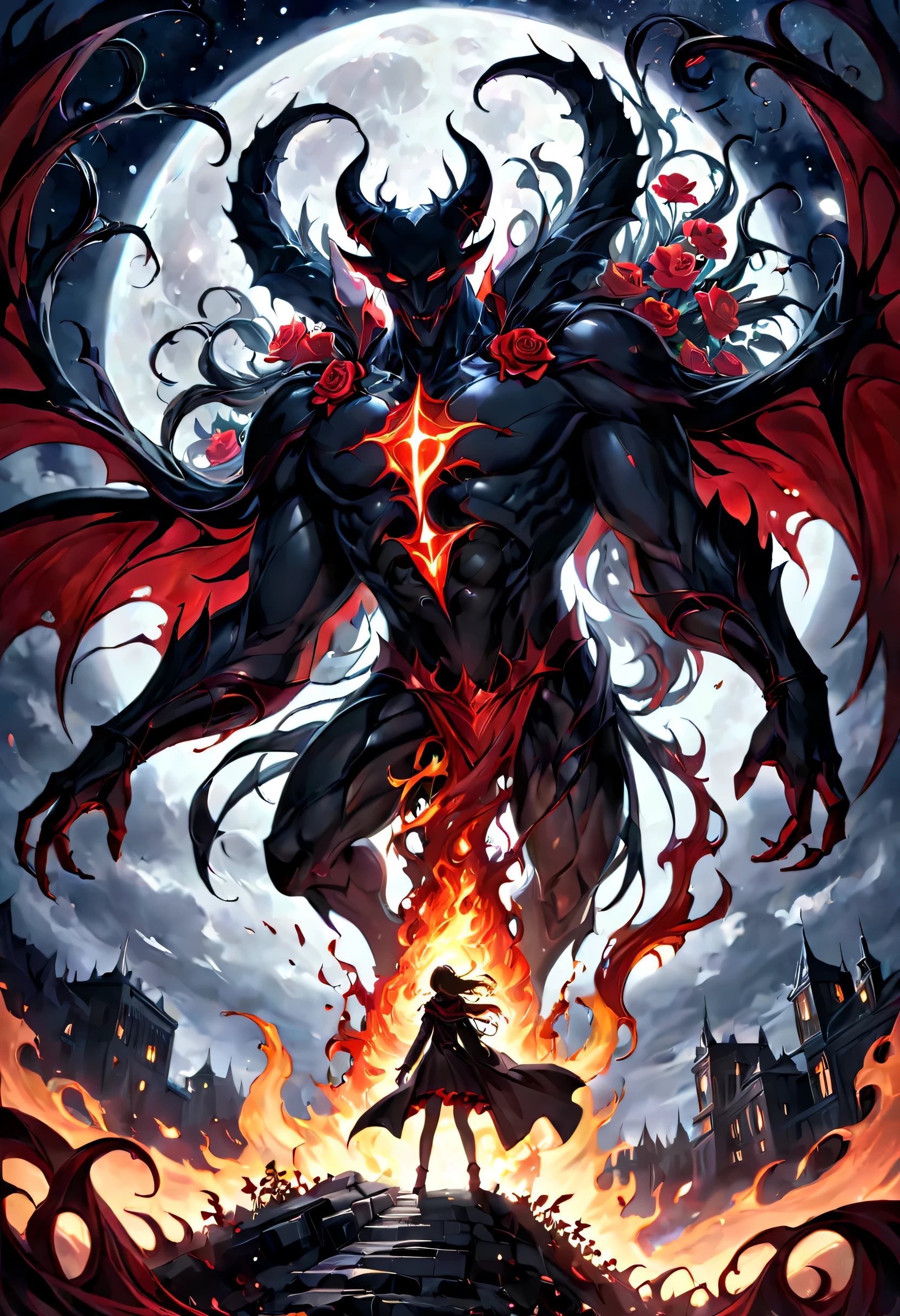 final showdown super illustration extremely detail, story of the brave, nightmare with dream can't wake up from, get everything, dark sky, false glory, supernatural existence, even if all hope is lost, seek more power, stepping on countless corpses and shouldering the burden of guilt, darkness of night fall, demon inside, all range, born in the abyss, vengeance, blood burning, moonlight signpost with run through, wipe away the pain and sadness, until we tear apart the darkness and bring light, stir up blood, to weave hope, determined eyes, stunning elaborate sword, following the scars, hero who carries the dreams of the world on his shoulders of intricate detail, flowers of memories are in full bloom, in light and shadow, beautiful detail shield, oil painting, 