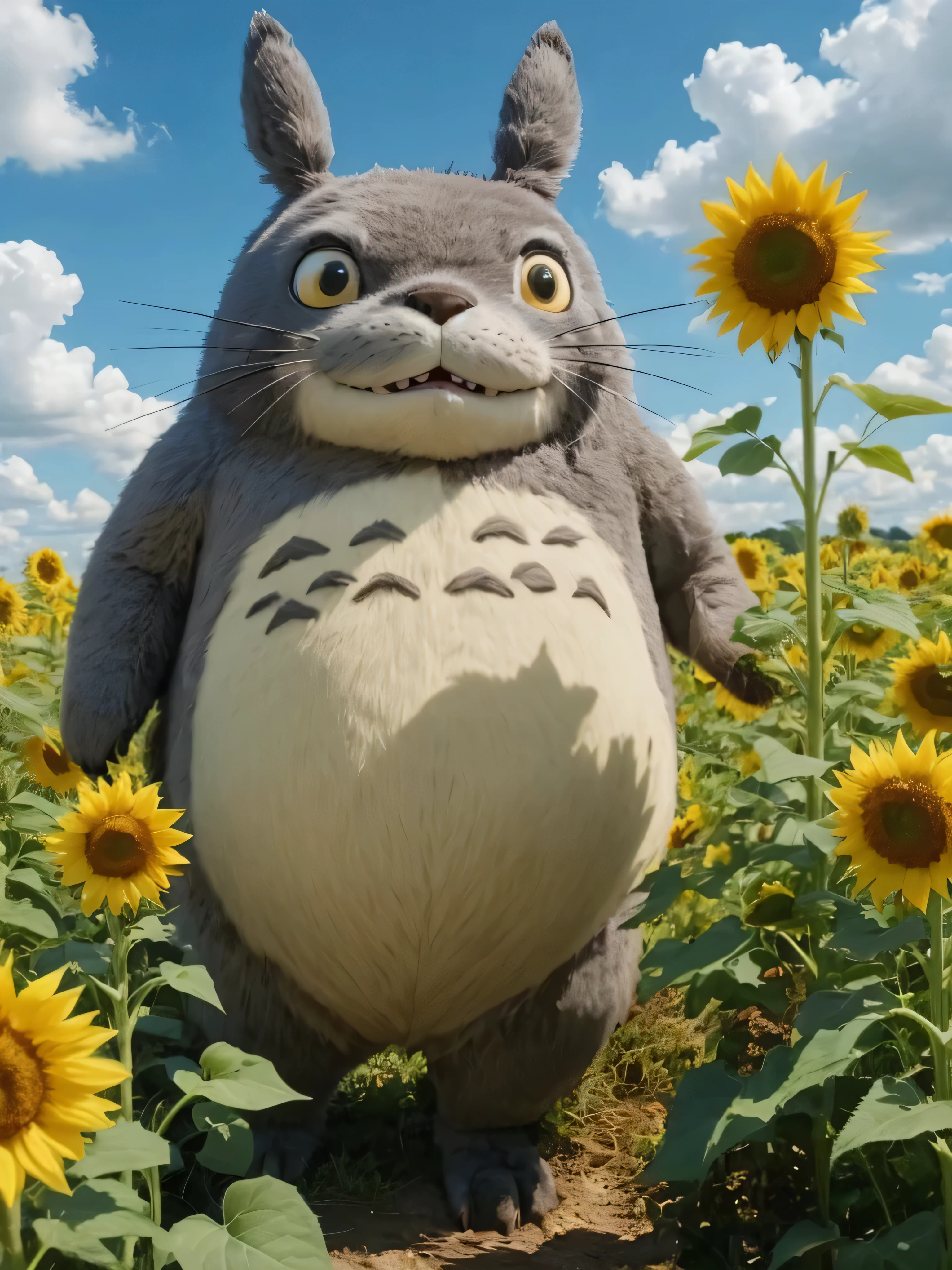 there is a large stuffed animal standing in a field of sunflowers, totoro from my neighbor totoro, totoro, real life totoro, my neigbor totoro, portrait of real life totoro, my neighbor totoro, of totoro, totoro sitting in a forest, miyazaki's animated film, trending on studio ghibli