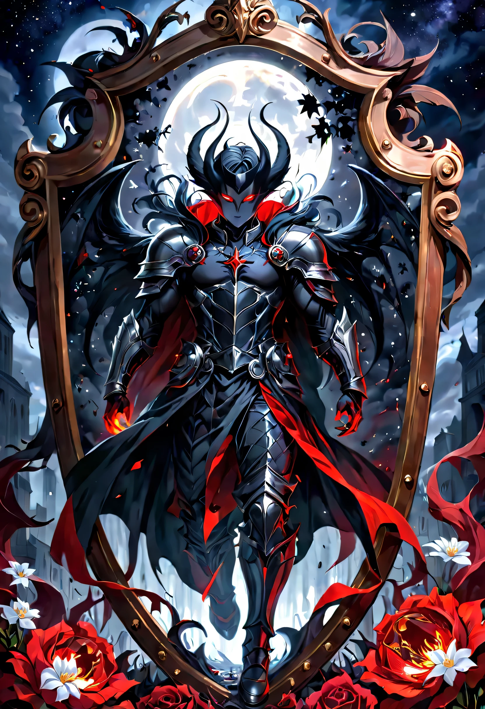 final showdown super illustration extremely detail, story of the brave, nightmare with dream can't wake up from, get everything, dark sky, false glory, supernatural existence, even if all hope is lost, seek more power, stepping on countless corpses and shouldering the burden of guilt, darkness of night fall, demon inside, all range, born in the abyss, vengeance, blood burning, moonlight signpost with run through, wipe away the pain and sadness, until we tear apart the darkness and bring light, stir up blood, to weave hope, determined eyes, stunning elaborate sword, following the scars, hero who carries the dreams of the world on his shoulders of intricate detail, flowers of memories are in full bloom, in light and shadow, beautiful detail shield, oil painting, 