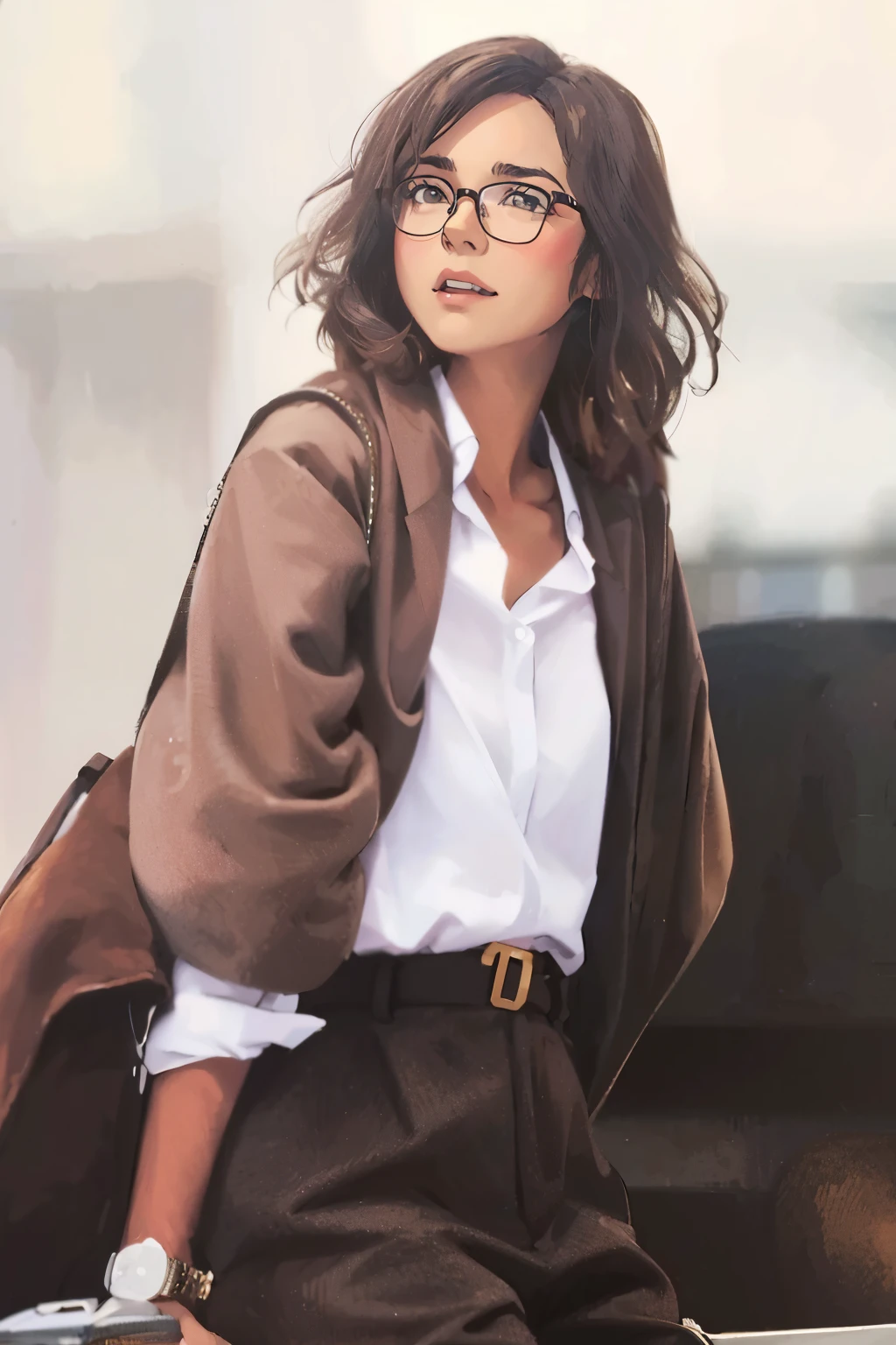 Araped woman wearing glasses and brown jacket is reclining, with square glasses, wearing glasses, In square-rimmed glasses, wearing a suit and glasses, Wearing a lab coat and blouse, girl wearing glasses, wearing glasses on, office uniform, casual clothing style, flavi audi style, Preppy style, Works inspired by Yuko Tatsushima